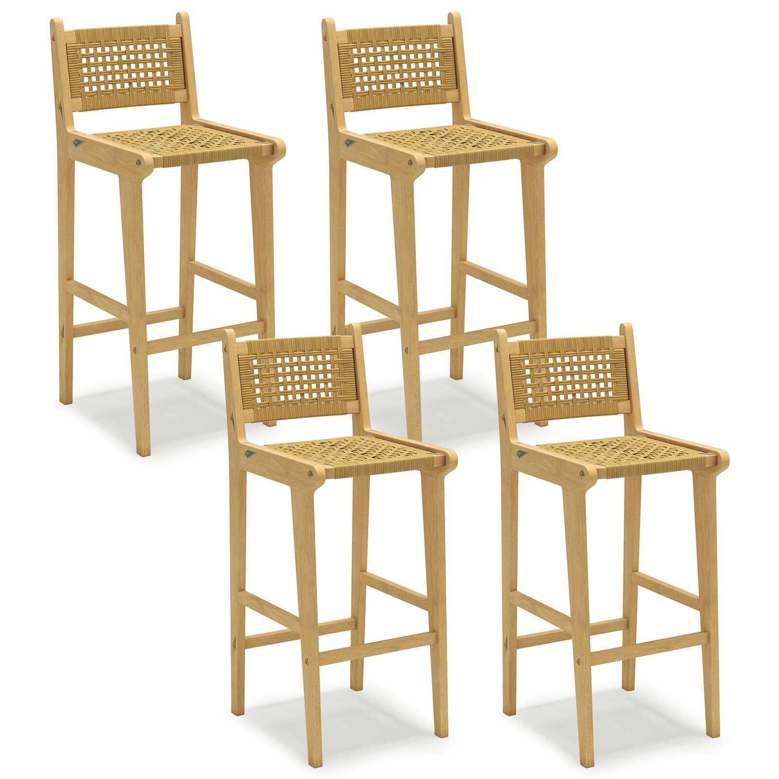 Costway - 4 PCS Patio Teak Wood Bar Stool Outdoor Bar Height Chair with Rattan Backrest & Seat - Natural