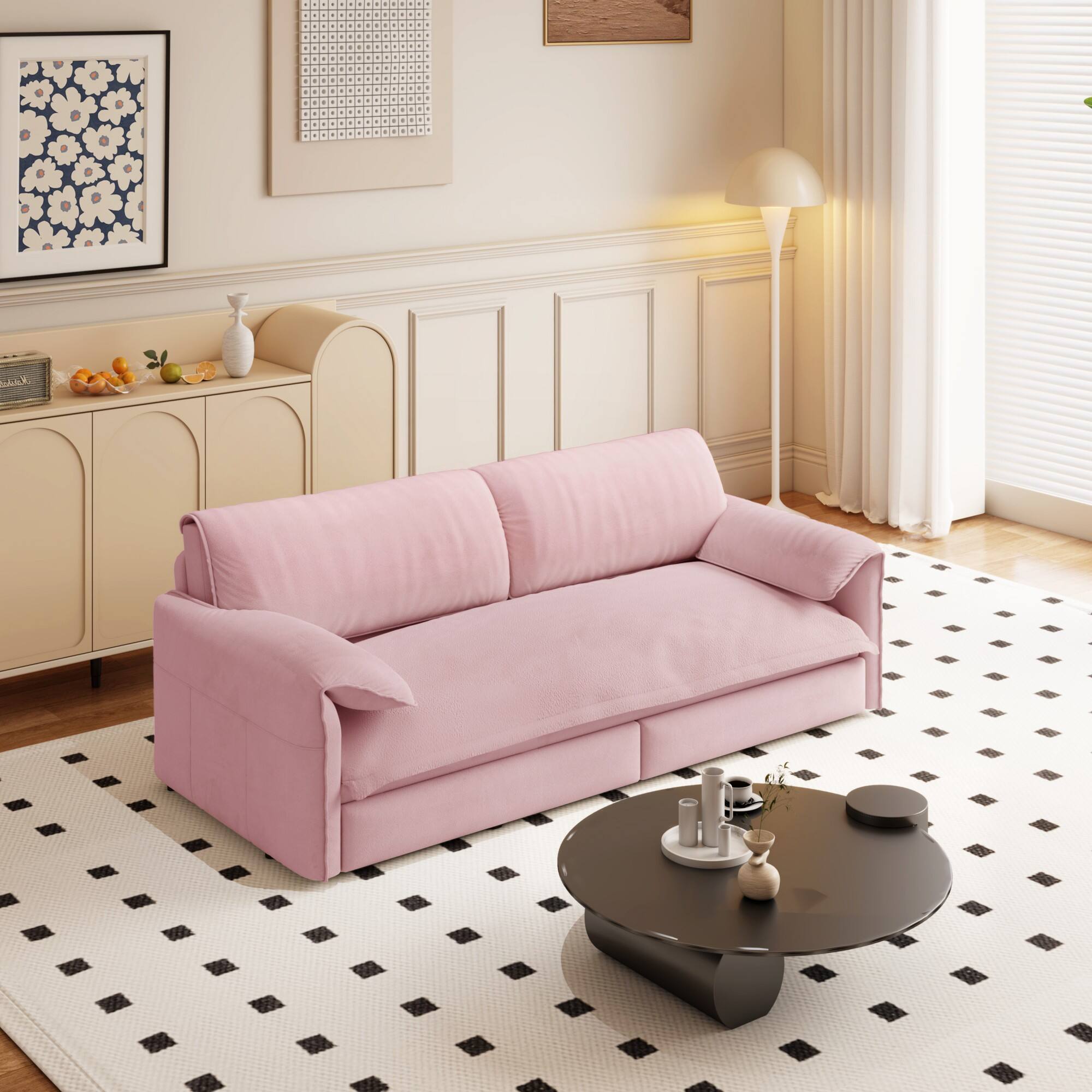 Angle. Anysun - 66" 3-in-1 Velvet Pull-Out Sofa Bed - Queen Sleeper with Side Storage for Living Room, Bedroom, Apartment & Office. - Pink.
