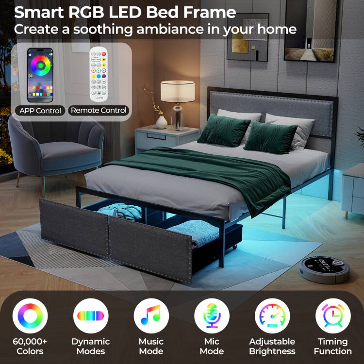 Smart RGB LED Bed Frame  
Create a soothing ambiance in your home  

- APP Control  
- Remote Control  
- 60,000+ Colors  
- Dynamic Modes  
- Music Mode  
- Mic Mode  
- Adjustable Timing Brightness Function