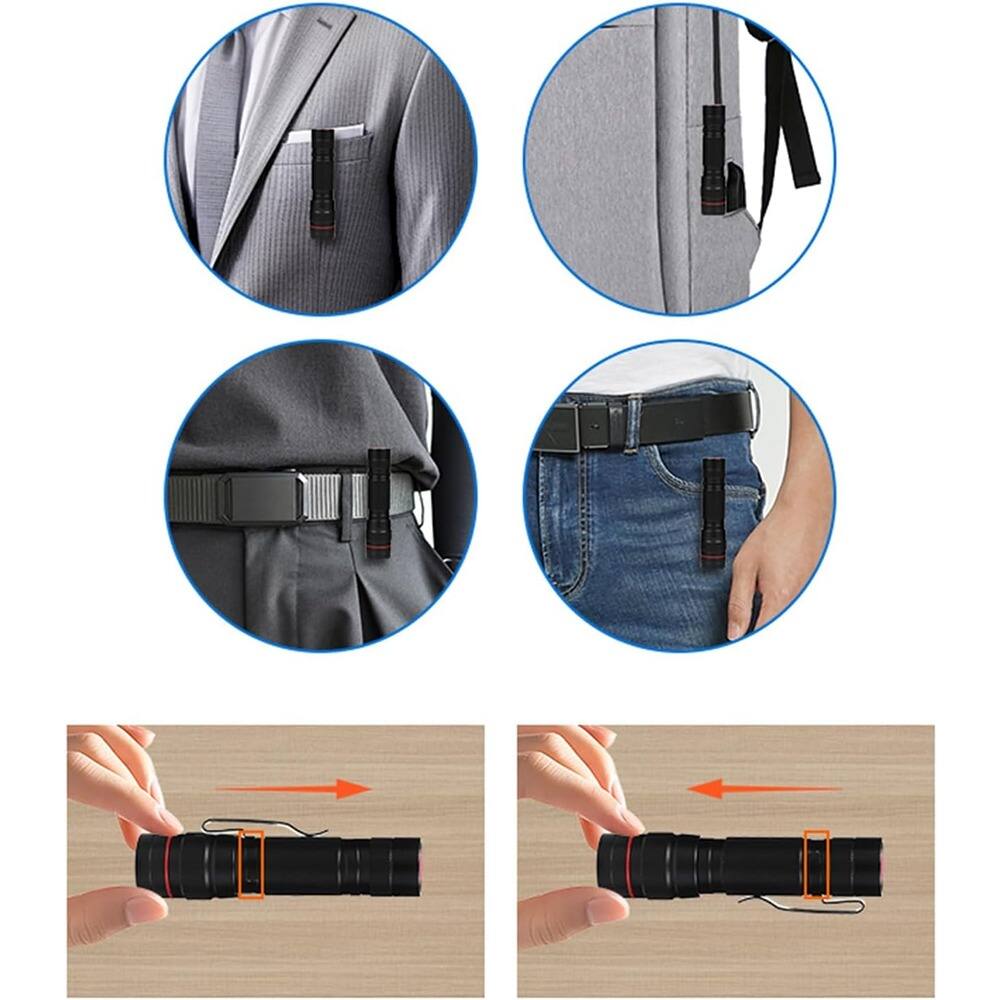 Left. ACJPR - 6-Pack Mini LED Flashlights, Single-Mode Zoomable with Pocket Clip, AA Battery, Portable for EDC, Camping, Emergency.