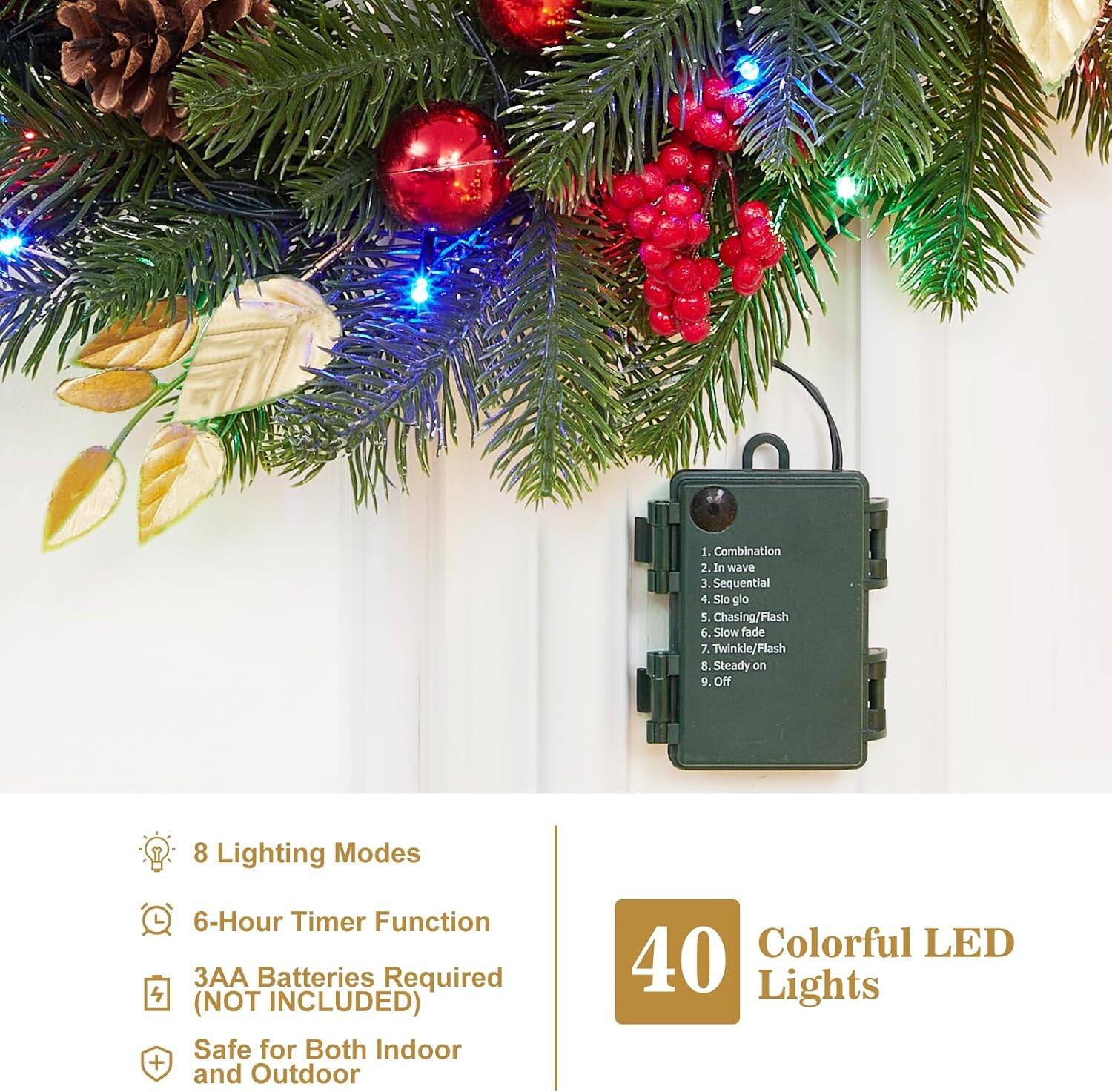 1. Combination  
2. In wave  
3. Sequential  
4. Slow glow  
5. Chasing/Flash  
6. Slow fade  
7. Twinkle/Flash  
8. Steady on  
9. Off  

8 Lighting Modes  
6-Hour Timer Function  
3AA Batteries Required (NOT INCLUDED)  
Safe for Both Indoor and Outdoor  
40 Colorful LED Lights