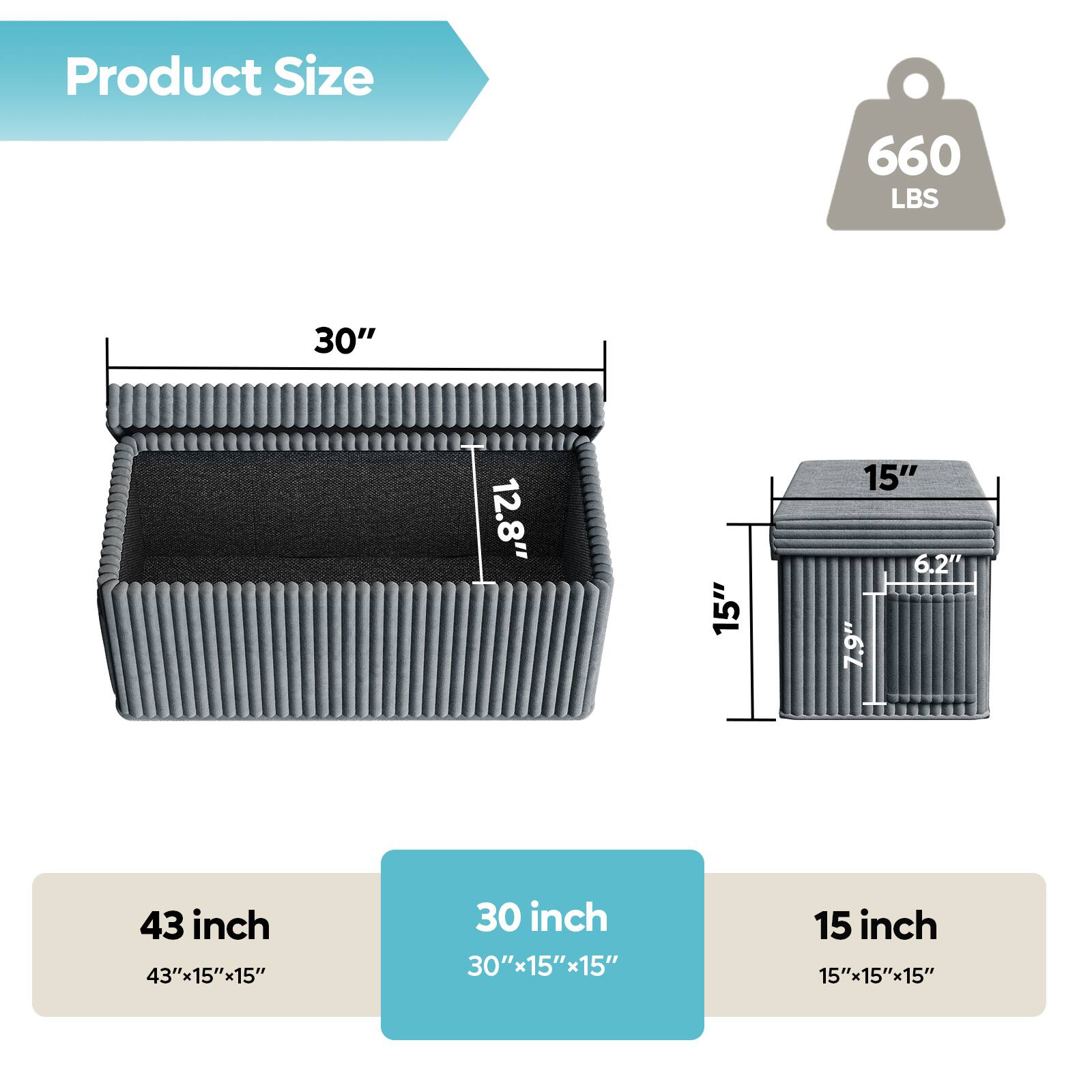 Product Size, 660 LBS, 30", 12.8", 15", 15", 6.2", 7.9", 43 inch, 43"x15"x15", 30 inch, 30"x15"x15", 15 inch, 15"x15"x15"