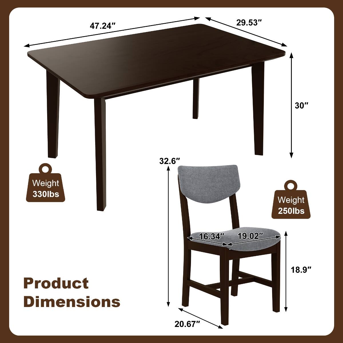 47.24"  
29.53"  
30"  
32.6"  
Weight 330lbs  
Weight 250lbs  
16.34" 19.02"  
Product Dimensions  
18.9"  
20.67"