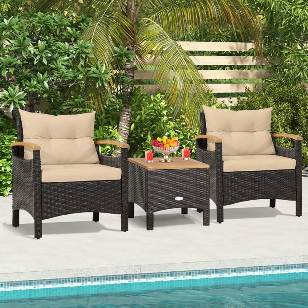 Alt View 4. Pefilos - 3 Pieces Patio Rattan Furniture Set, Cozy Seat with Removable Cushions, Practical Side Coffee Patio Coffee Table - Brown.