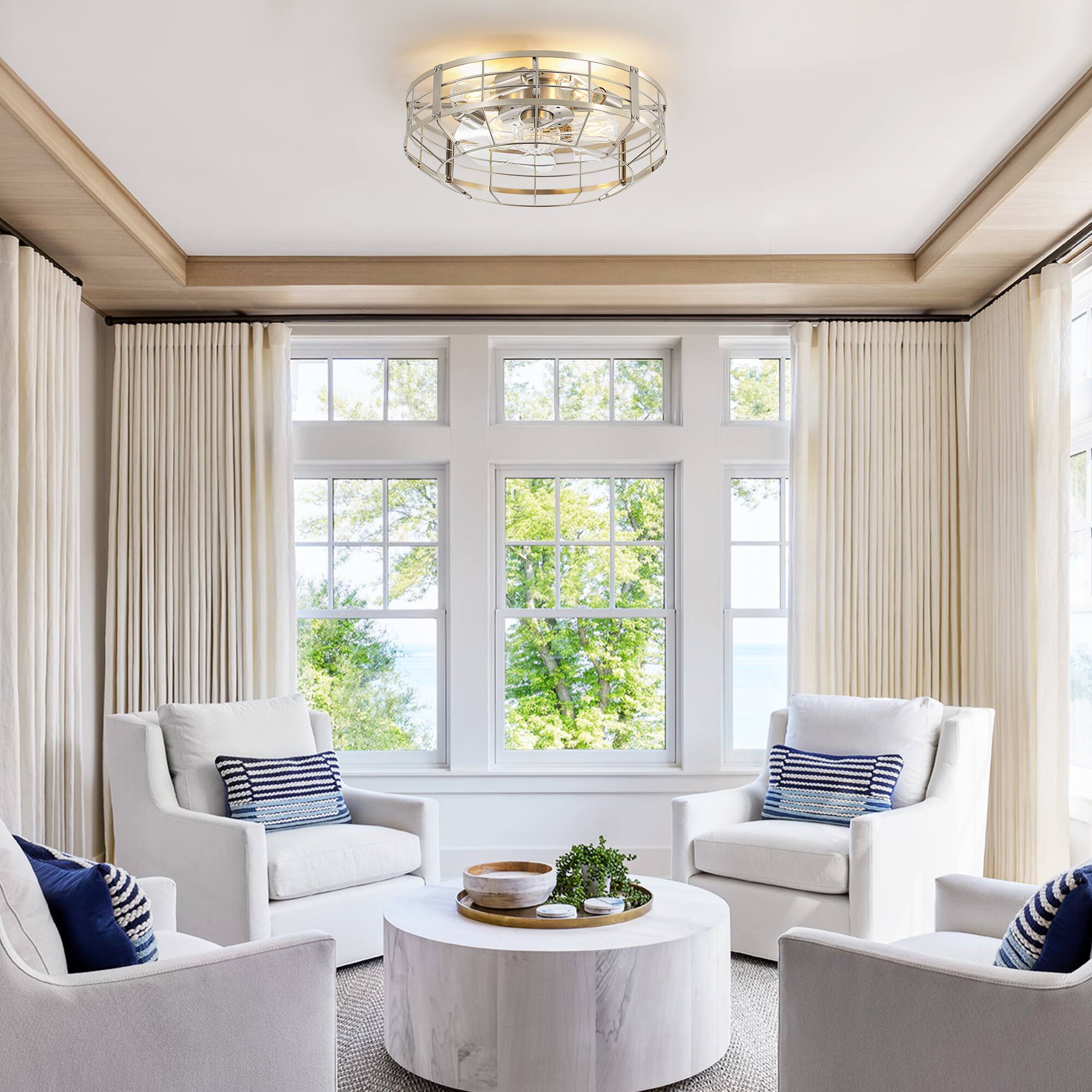 Angle. Breezary - 20-Inch KD Traditional Light Source Flush Mount Cage Fan, 7 Transparent Blades, E26 Light Bulbs, 6-Speed Remote - Sand Nickel and Clear.