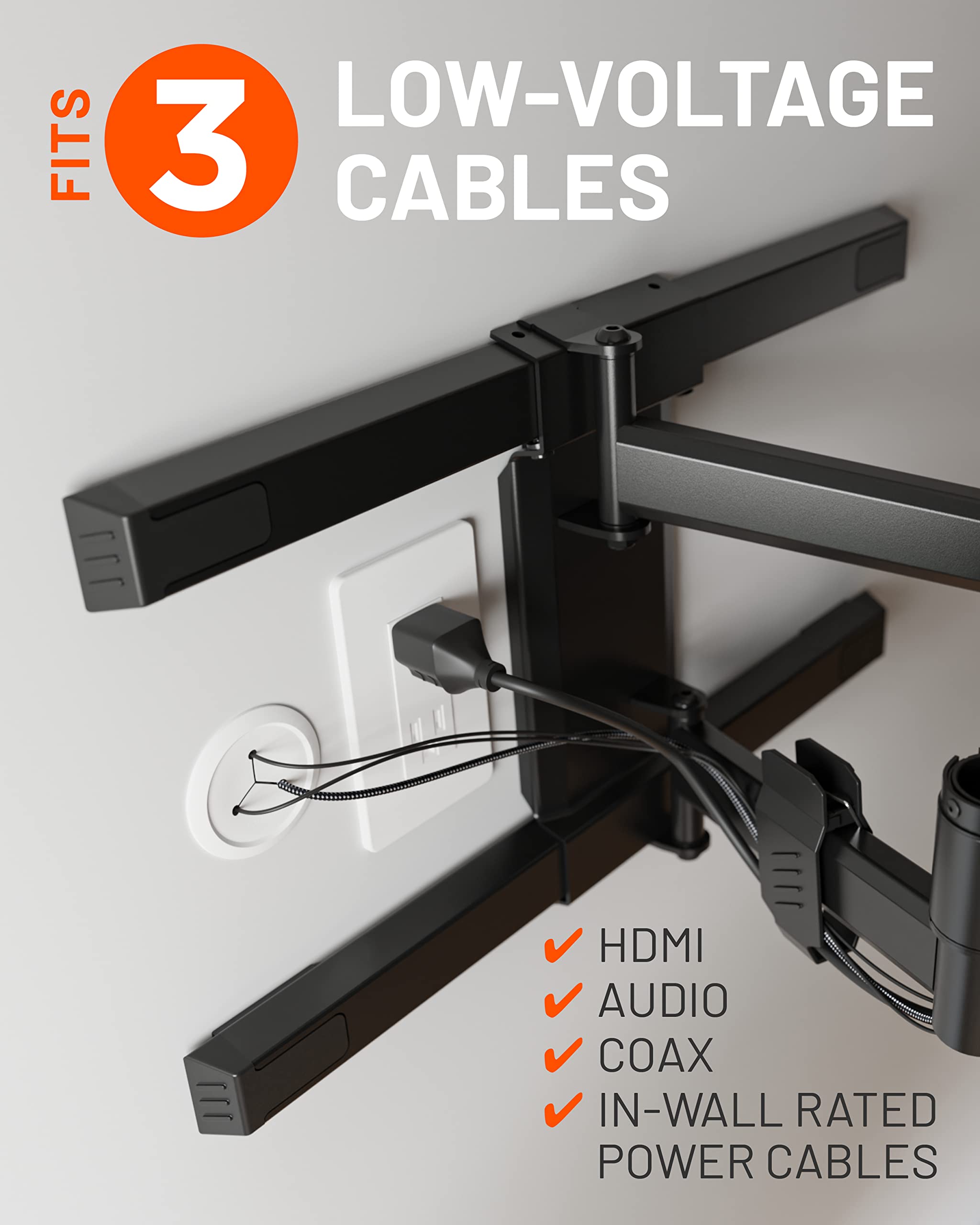Fits low-voltage 3 cables: HDMI, audio, coax, in-wall rated power cables.