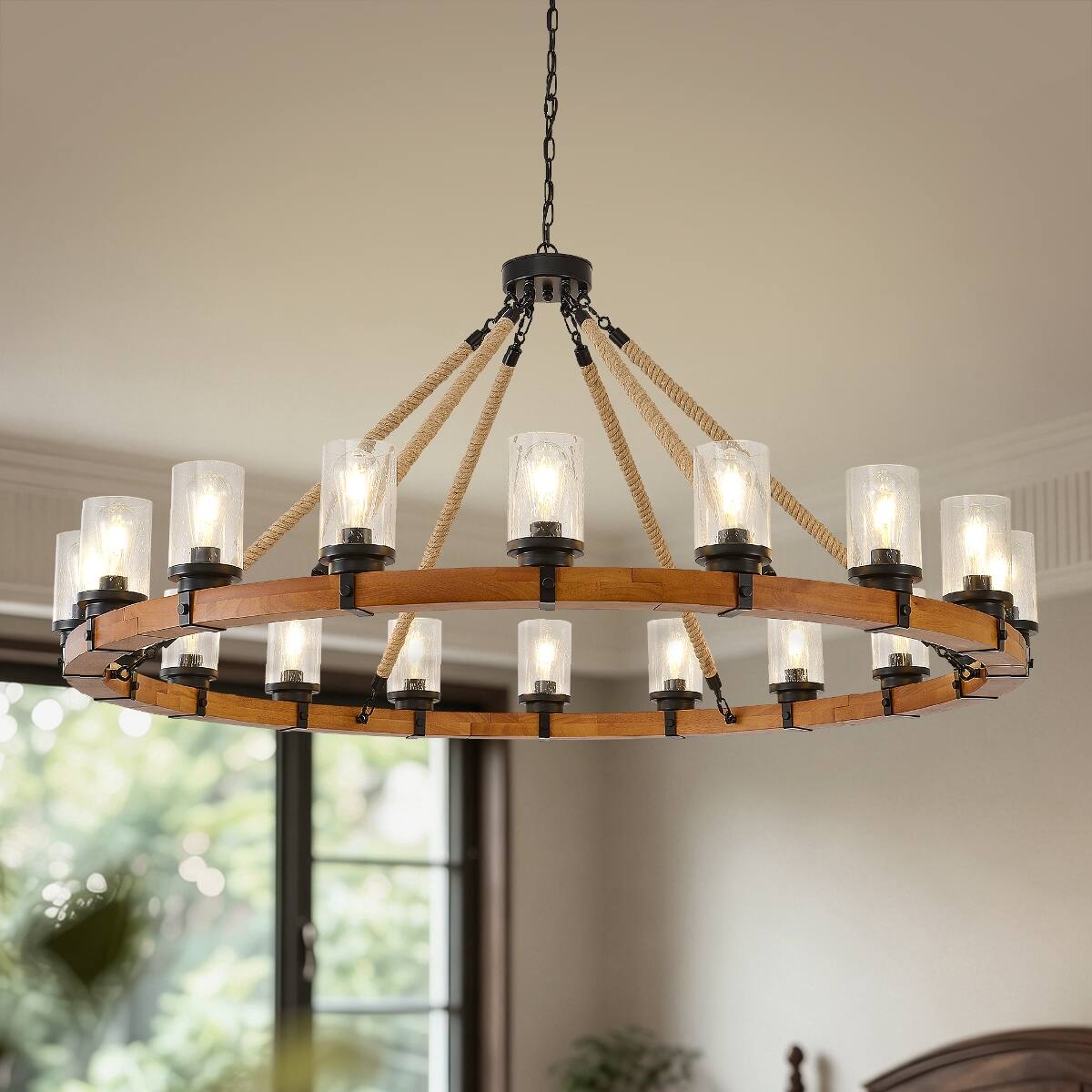 Front. Loheer - Loheer 18-Light Wagon Wheel Chandelier, Rustic Farmhouse Pendant with Seeded Glass Shades for Dining Room.