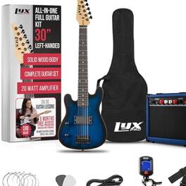 Lyxpro - Left Handed 30” Beginner Electric Guitar Kit with 3/4 Size Guitar, Amp, Six Strings and More - Blue