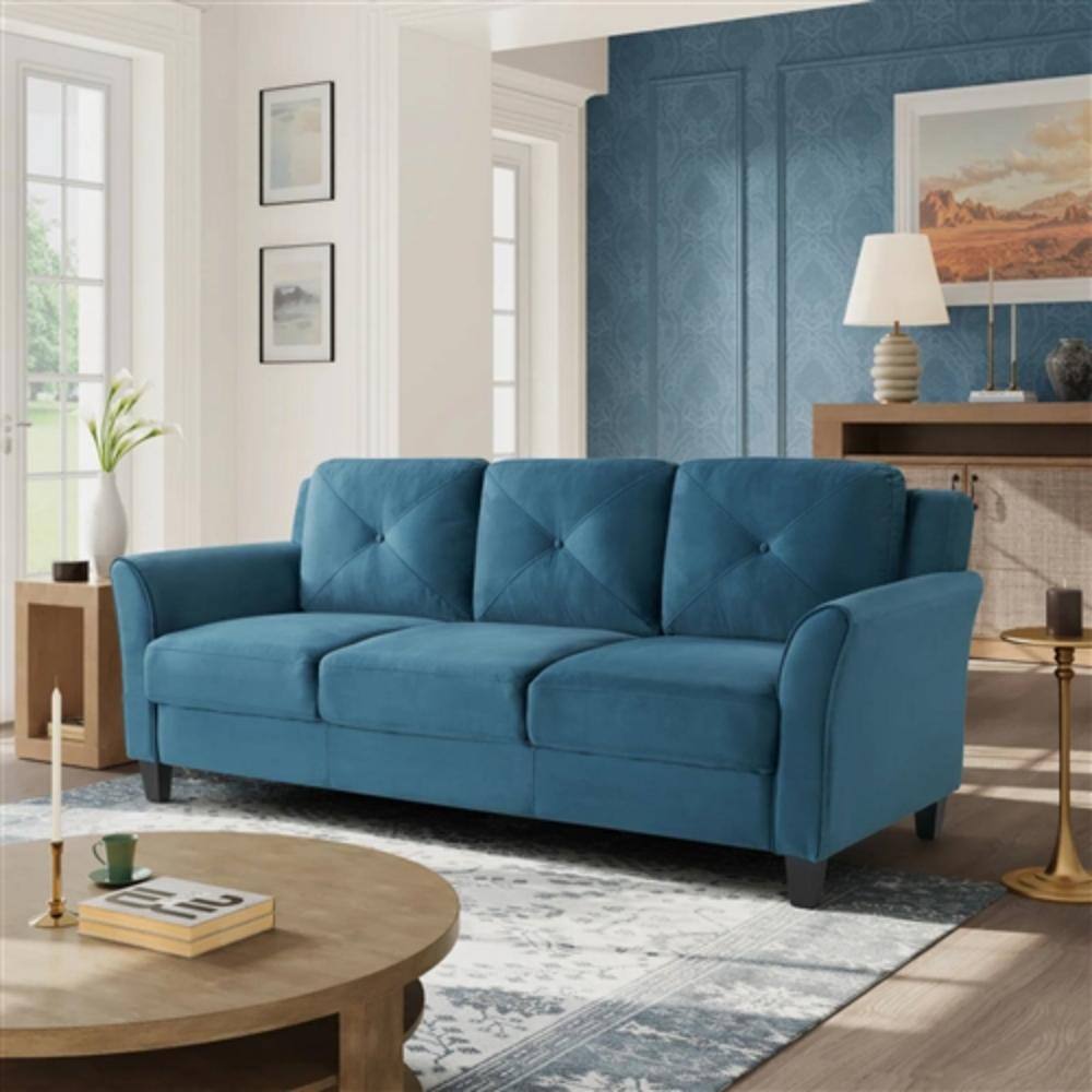 Angle. Hivvago - Modern 3-Seater Upholstered Sofa in Blue Microfiber with Button Tufted Cushions - Blue.