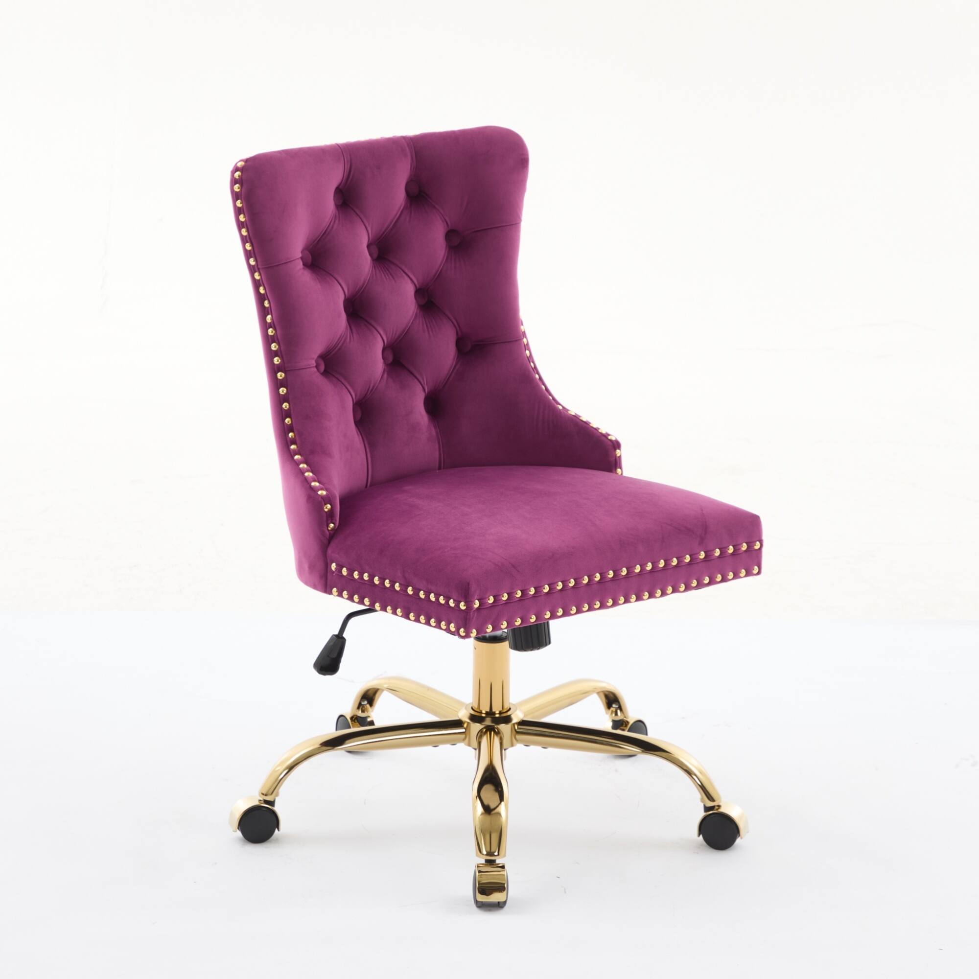 Back. GOODSILO - Modern Velvet Upholstered Office Chair with Tufted Button Design and Golden Metal Base for Home Workspace - Purple.