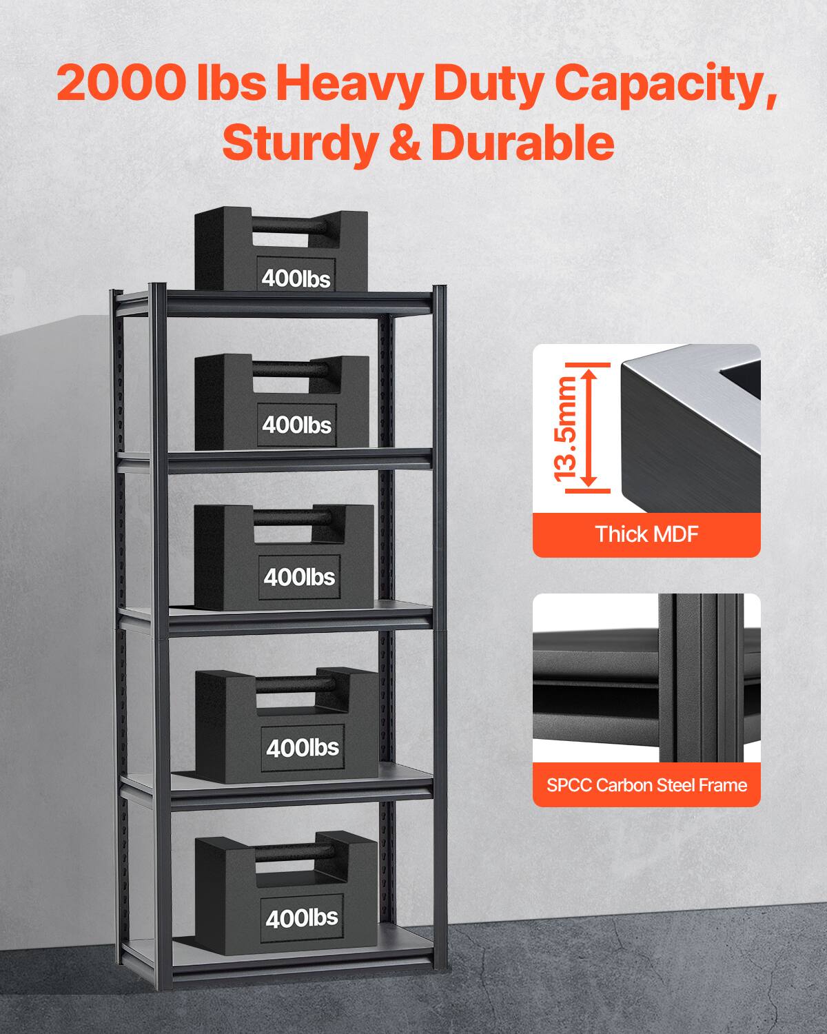 2000 lbs Heavy Duty Capacity, Sturdy & Durable
400lbs
400lbs
13.5mm I Thick MDF
400lbs
400lbs
SPCC Carbon Steel Frame