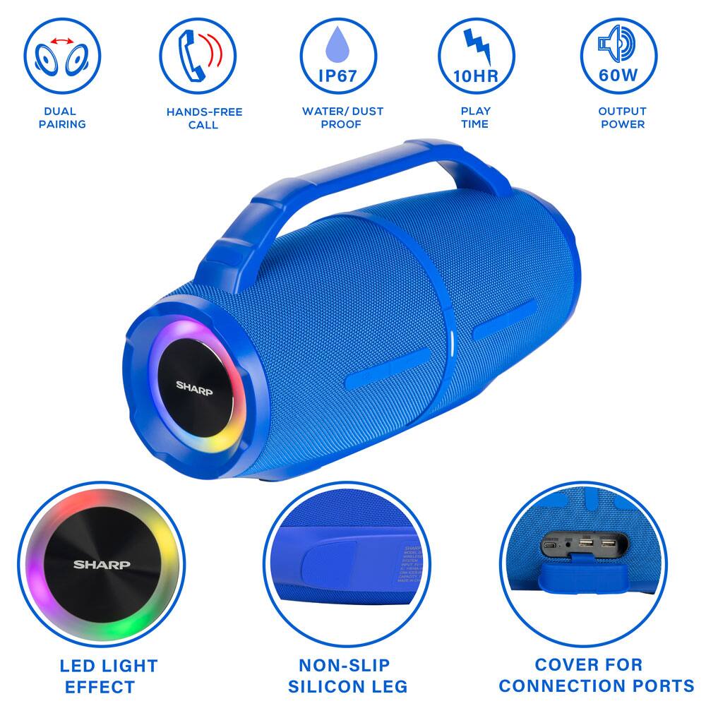 IP67, 10HR, 60W, DUAL PAIRING, HANDS-FREE CALL, WATER/DUST PROOF, PLAY TIME, OUTPUT POWER, SHARP LED LIGHT EFFECT, NON-SLIP SILICON LEG, COVER FOR CONNECTION PORTS