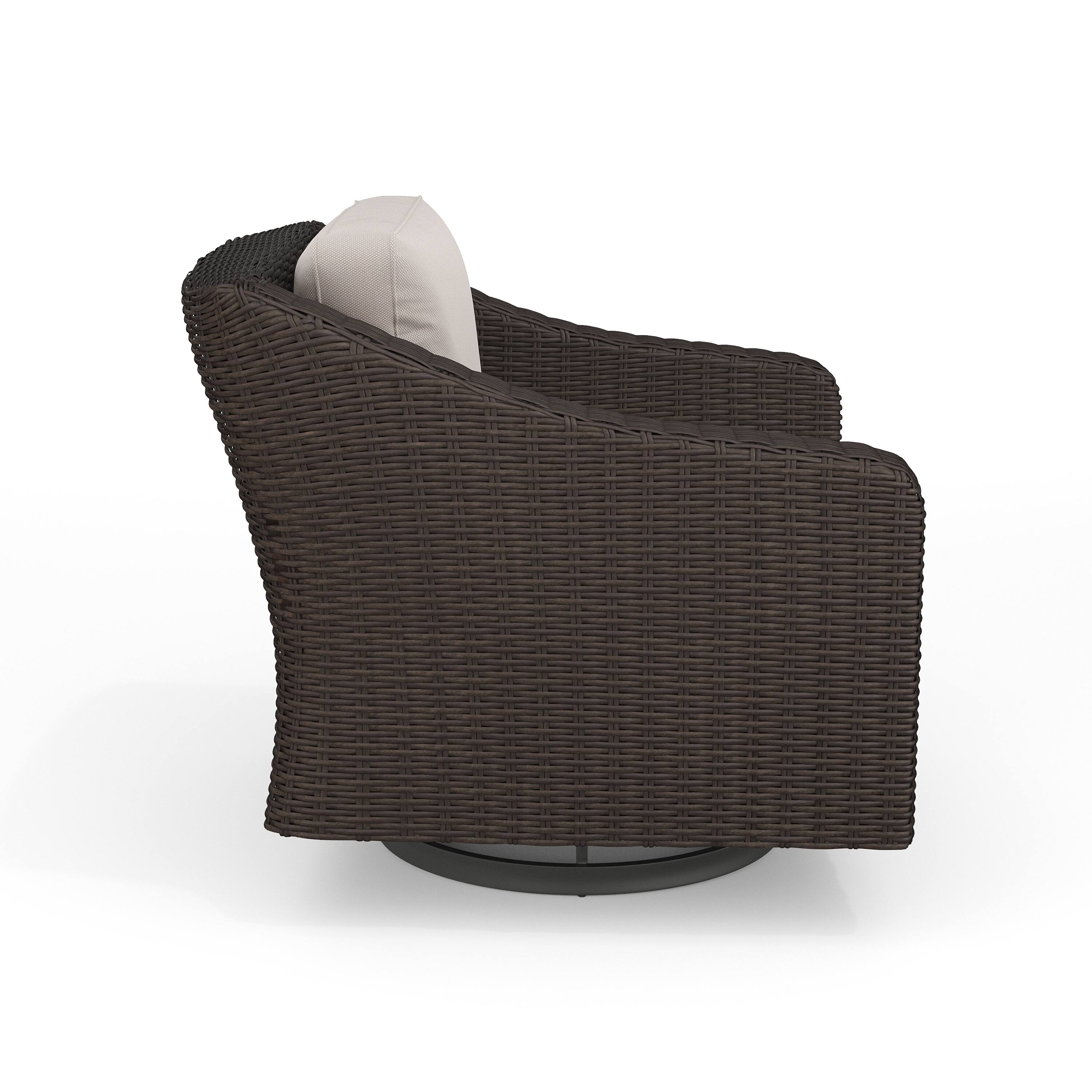 Alt View 8. Martha Stewart - Bedford 2PK Outdoor Rattan Wicker Swivel Chairs with All-Weather Cushions - Tan Cushions/Brown Frame.