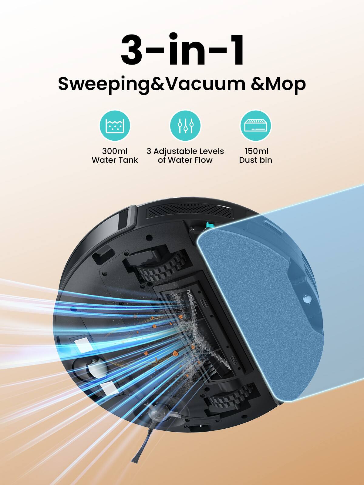 3-in-1 Sweeping & Vacuum & Mop

- 300ml Water Tank
- 3 Adjustable Levels of Water Flow
- 150ml Dust Bin