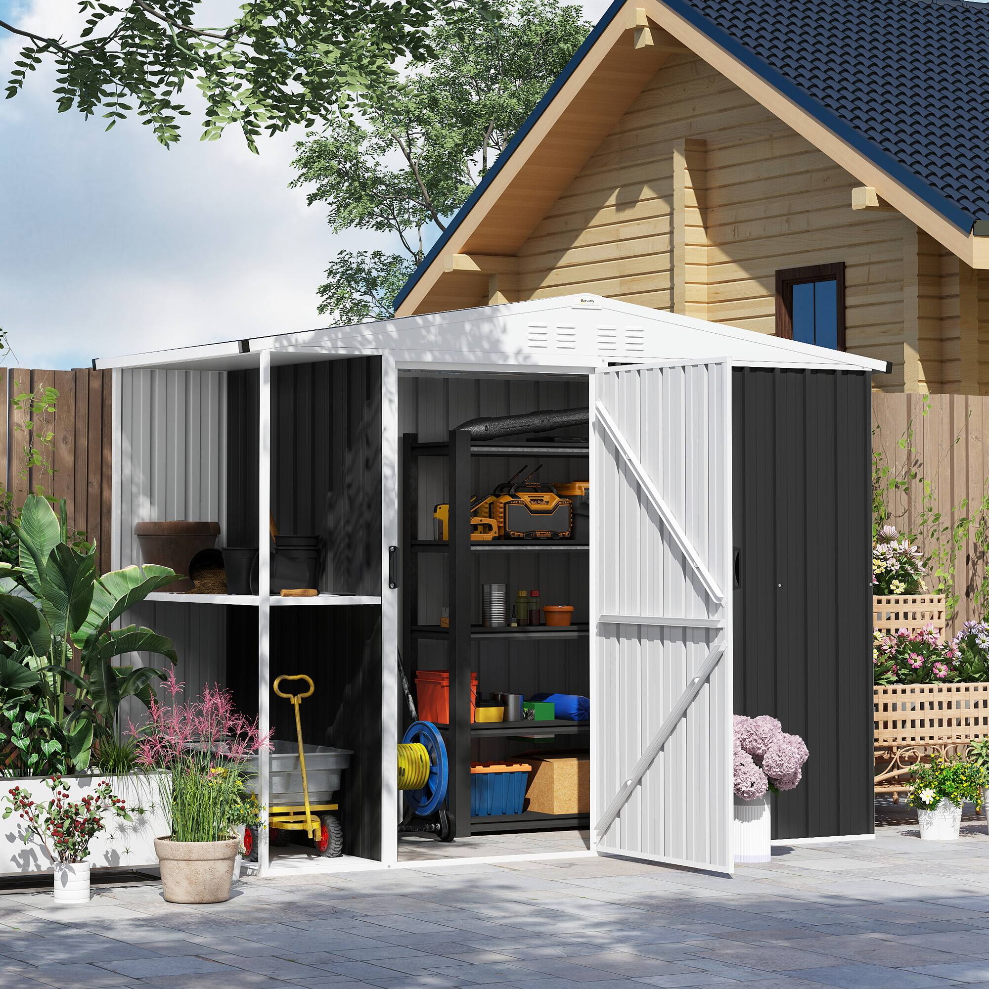 Alt View 1. Outsunny - 8 x 4ft Outdoor Storage Shed with Lock, 2-Tier Storage Rack, Air Vents, Garden Tool Shed for Backyard, Patio, Lawn.
