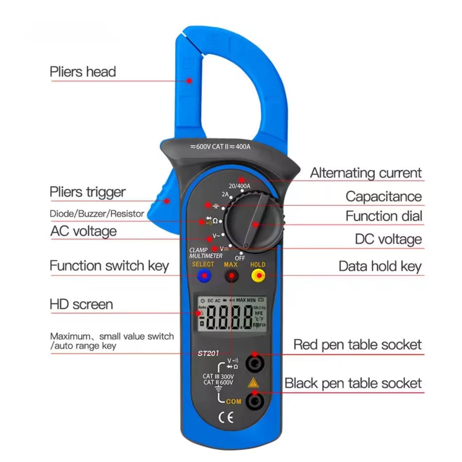 - Pliers head
- Pliers trigger
- Diode/Buzzer/Resistor
- AC voltage
- Function switch key
- HD screen
- Maximum, small value switch / auto range key
- Alternating current
- Capacitance
- Function dial
- DC voltage
- Data hold key
- Red pen table socket
- Black pen table socket
- 600V CAT II = 400A
- 20/400A
- 2A
- V~
- CLAMP MULTIMETER
- OFF SELECT MAX HOLD
- DC AC
- 4 MAX MIN C
- Auto HA NE Y
- ST201
- CAT III 300V CAT E 600V
- COM
- CE