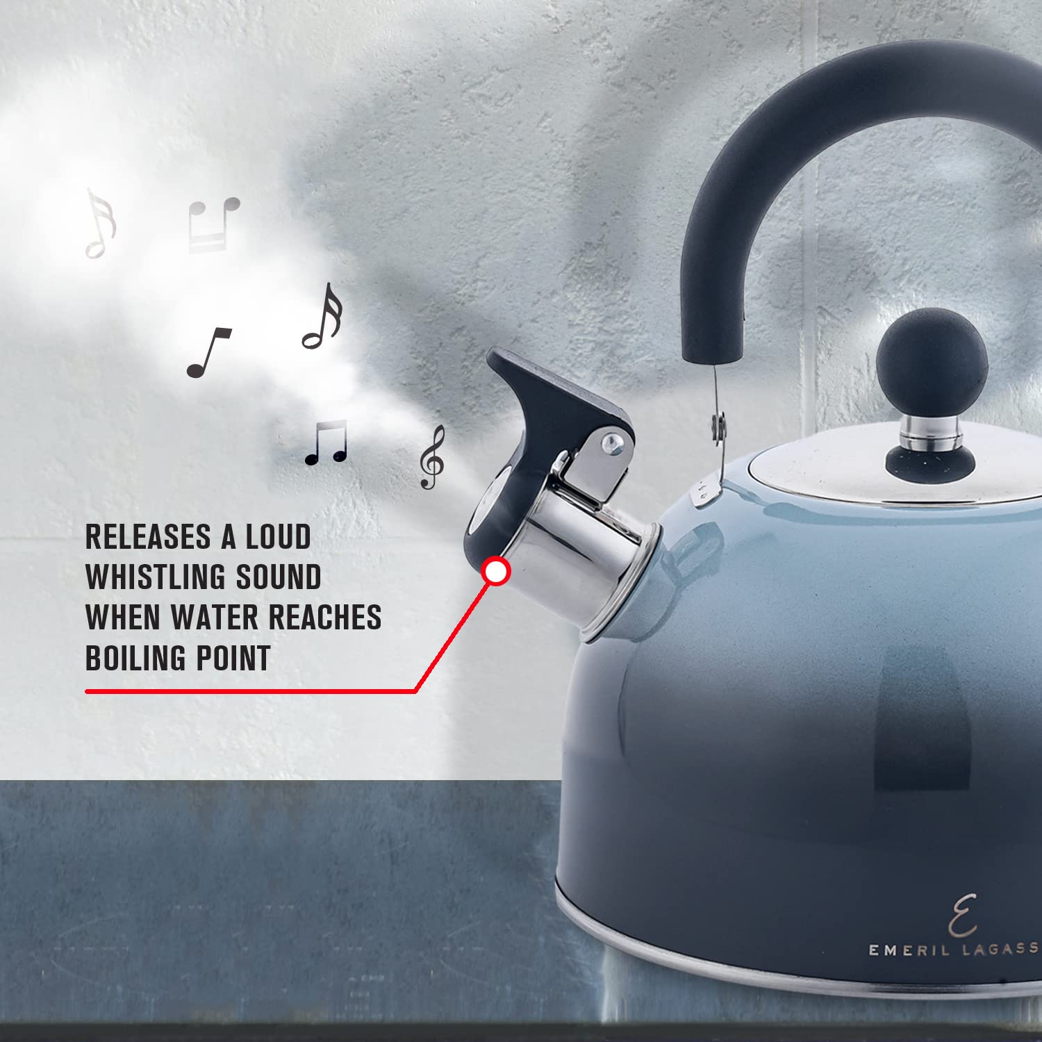 RELEASES A LOUD WHISTLING SOUND WHEN WATER REACHES BOILING POINT

EMERIL LAGASSSE