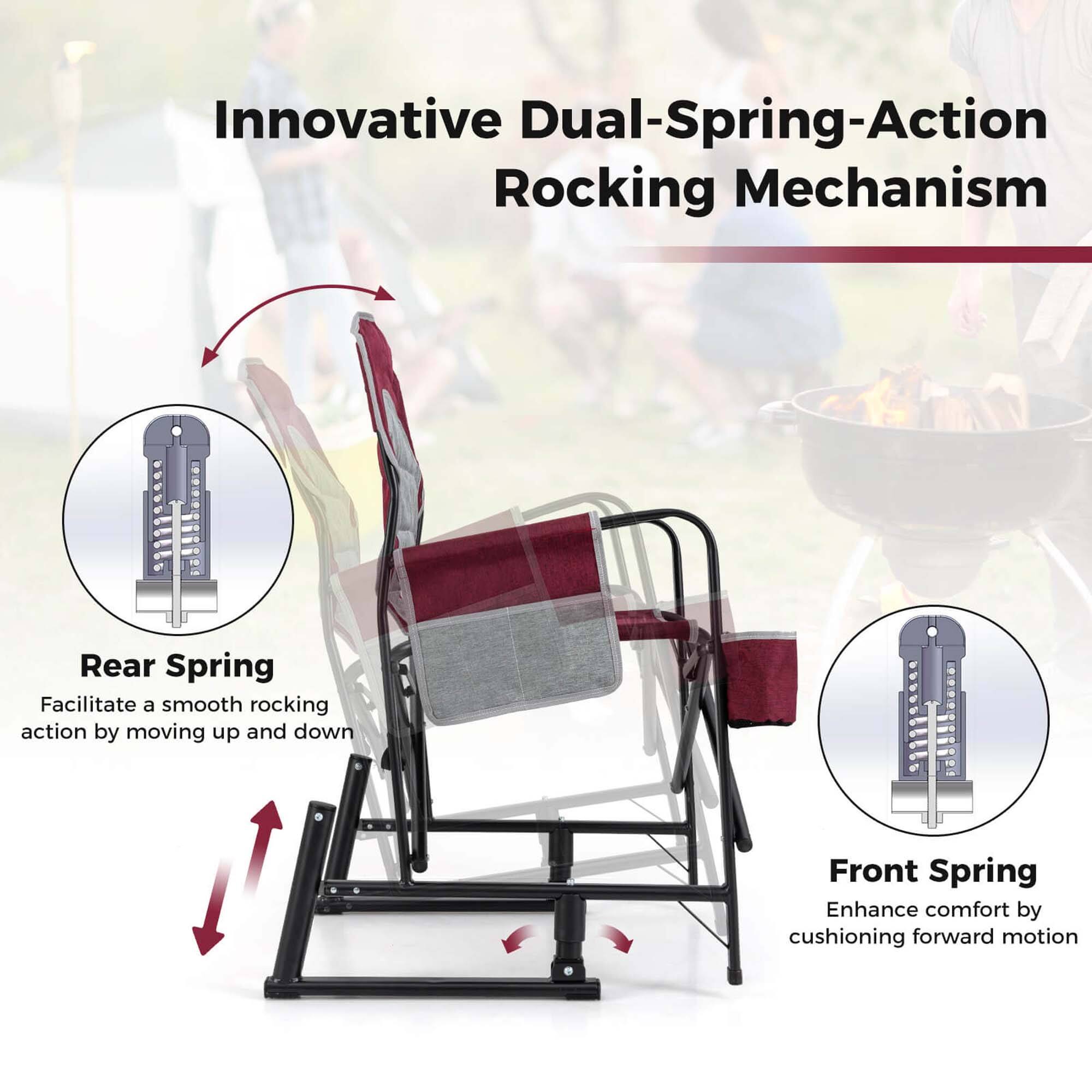 Innovative Dual-Spring-Action Rocking Mechanism

Rear Spring  
Facilitate a smooth rocking action by moving up and down

Front Spring  
Enhance comfort by cushioning forward motion