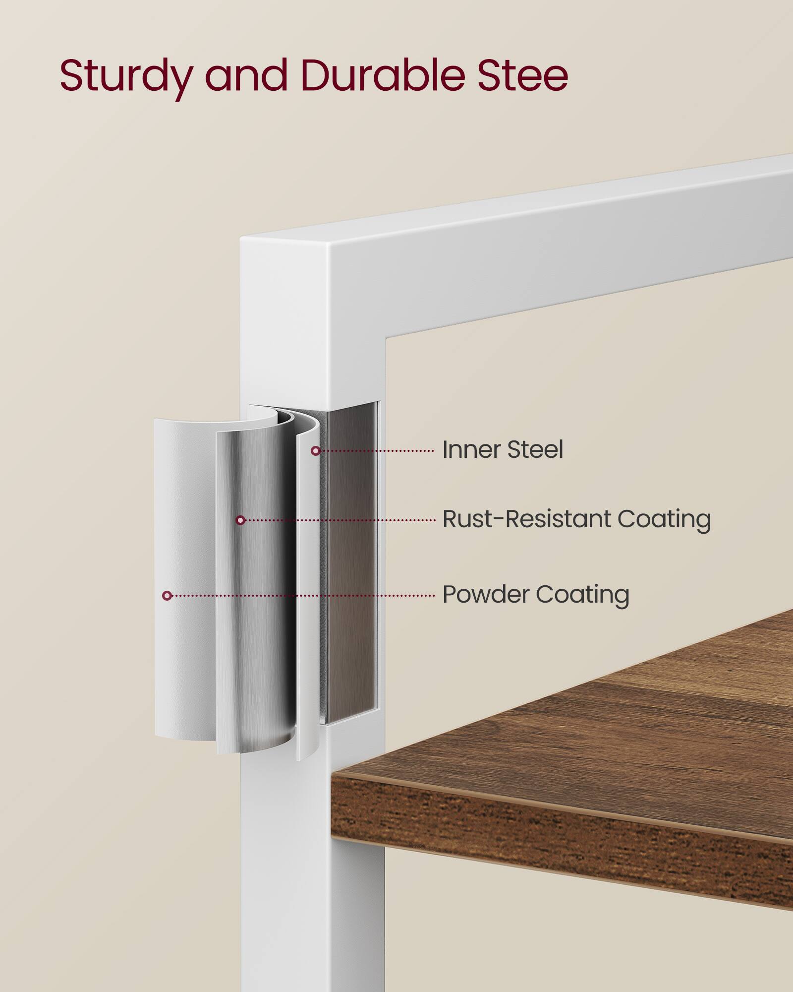 Sturdy and Durable Steel

- Inner Steel
- Rust-Resistant Coating
- Powder Coating