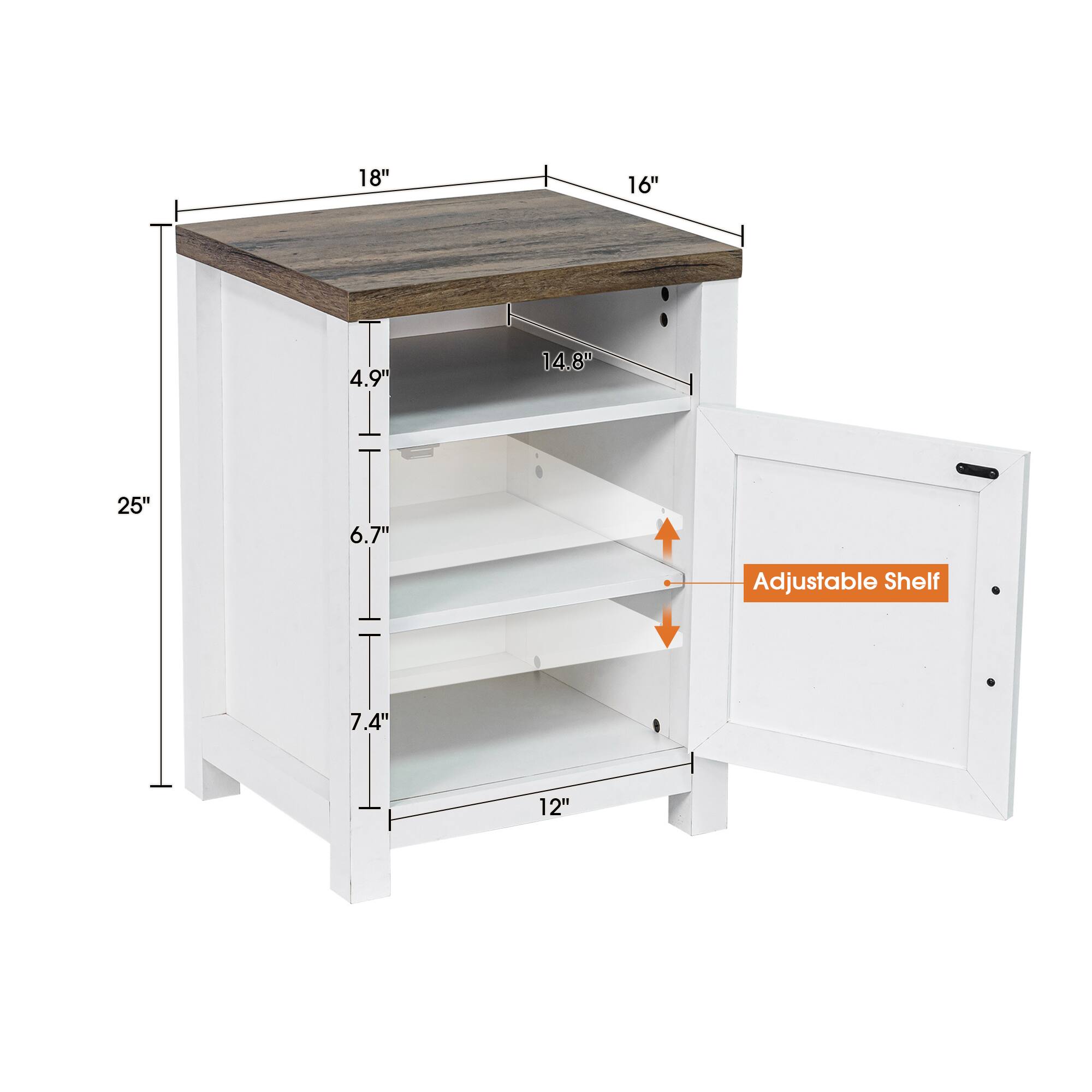 18", 16", 4.9", 14.8", 25", 6.7", 7.4", 12", Adjustable Shelf