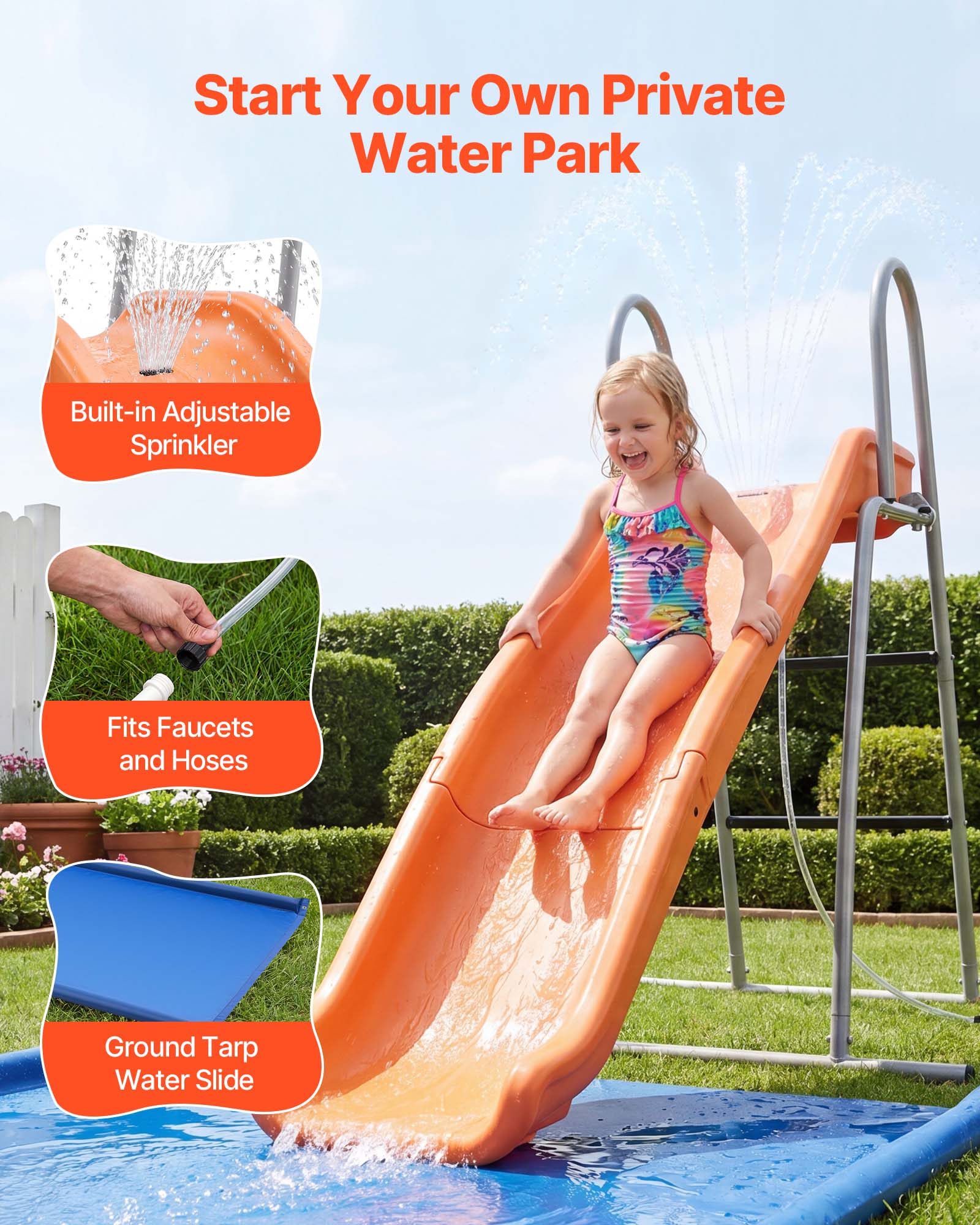 Start Your Own Private Water Park

- Built-in Adjustable Sprinkler
- Fits Faucets and Hoses
- Ground Tarp Water Slide