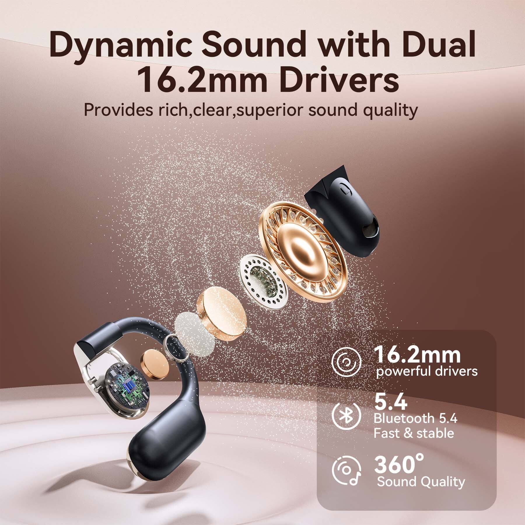Dynamic Sound with Dual 16.2mm Drivers  
Provides rich, clear, superior sound quality  

16.2mm powerful drivers  
5.4 Bluetooth 5.4 Fast & stable  
360° Sound Quality