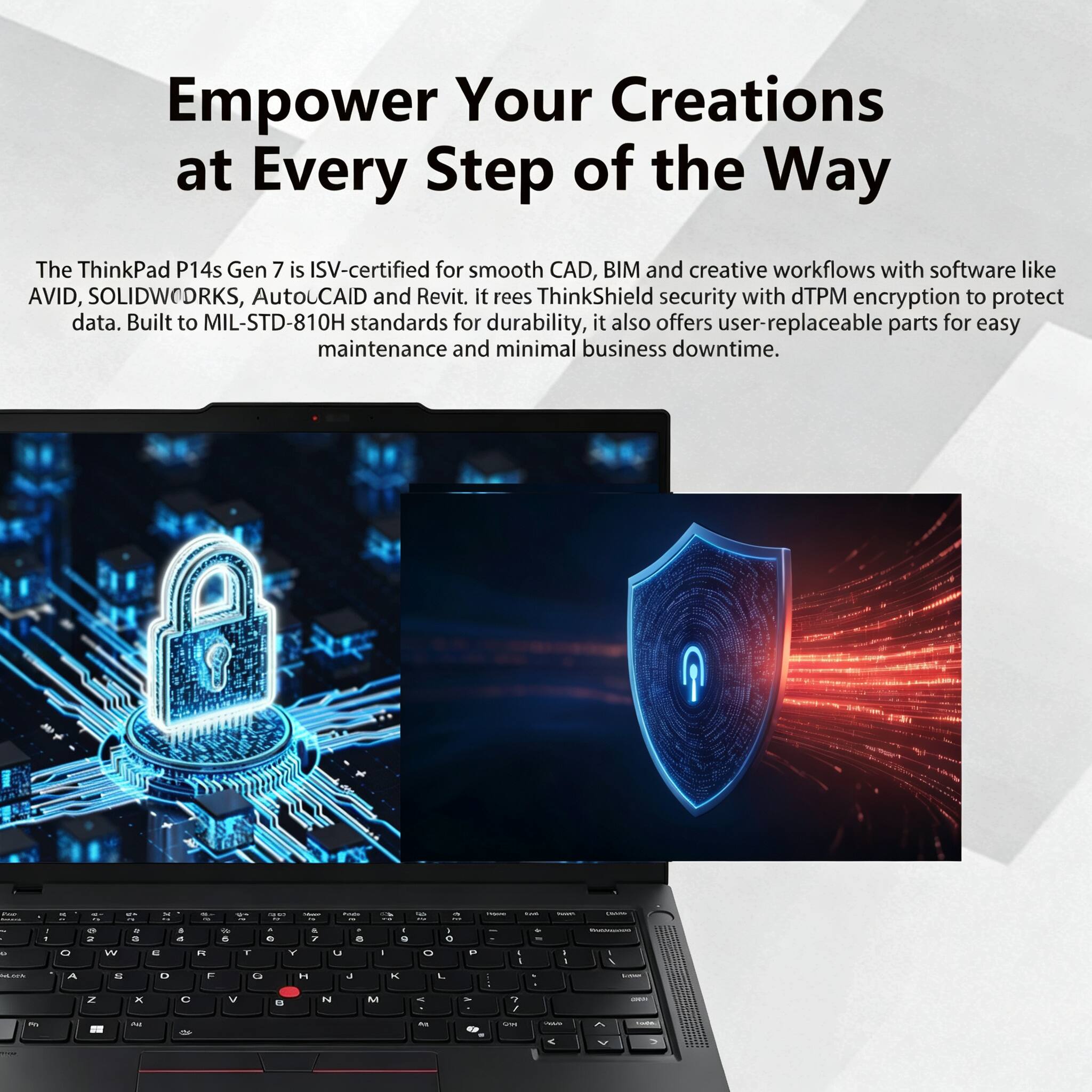 Empower Your Creations at Every Step of the Way

The ThinkPad P14s Gen 7 is ISV-certified for smooth CAD, BIM and creative workflows with software like AVID, SOLIDWORKS, AutoCAD and Revit. It rees ThinkShield security with dTPM encryption to protect data. Built to MIL-STD-810H standards for durability, it also offers user-replaceable parts for easy maintenance and minimal business downtime.
