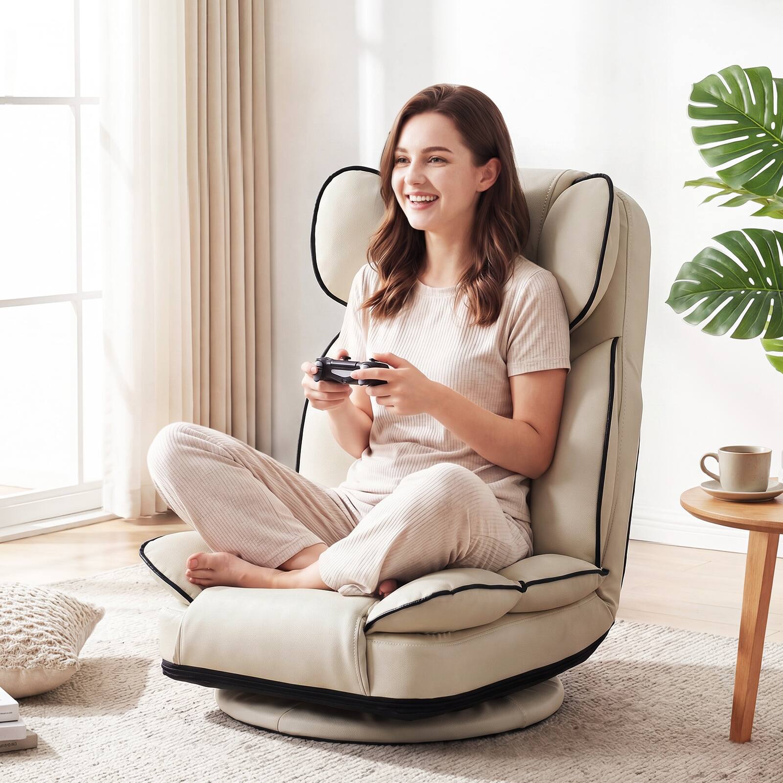 Alt View 3. Costway - Costway 360 Degree Swivel Floor Gaming Chair, Folding Lazy Adjustable Lounger Couch - Beige.