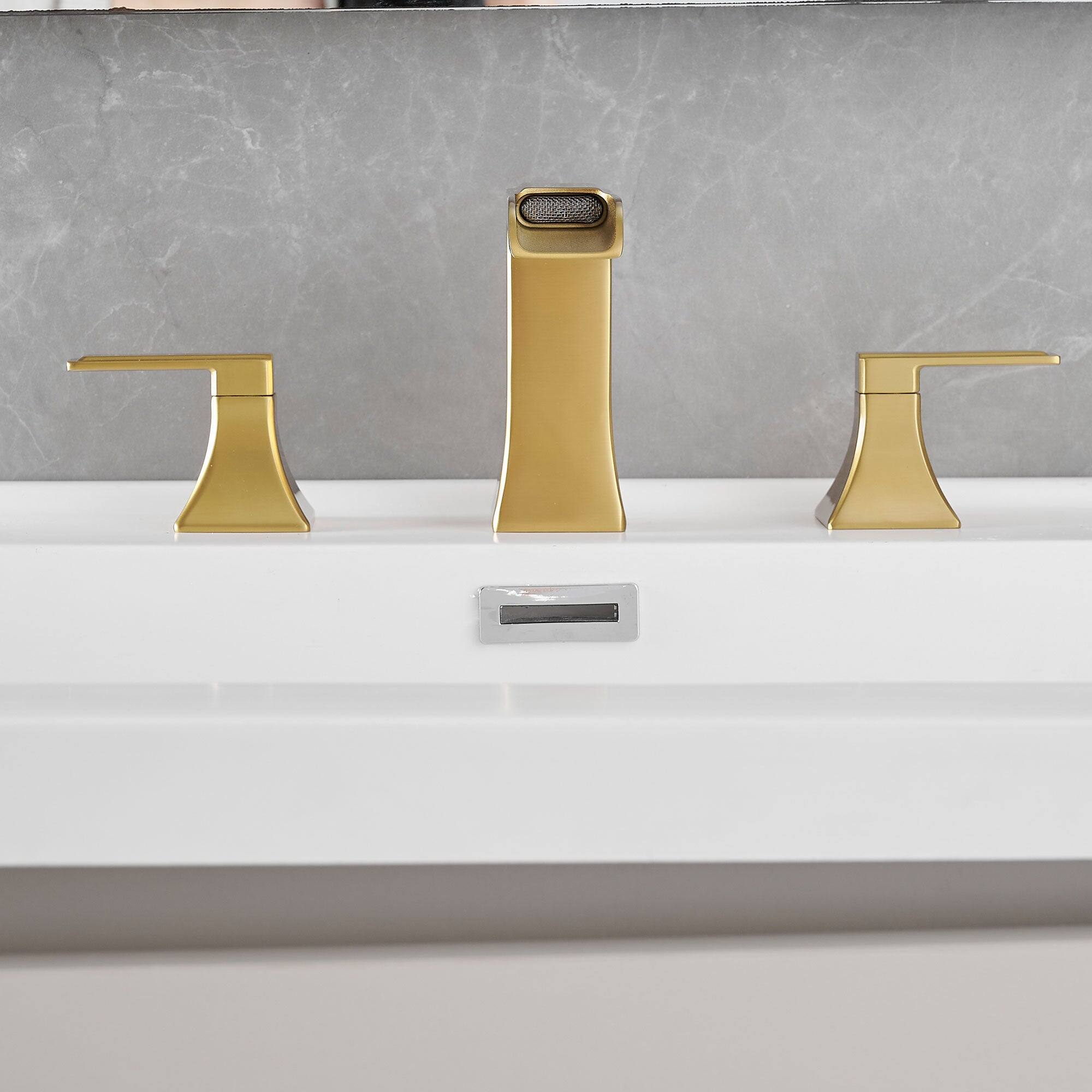 Left. Boyel Living - Modern 8 Inch Widespread Double Handle Brass Bathroom Faucet with Pop Up Drain and Water Supply Hoses in Brushed Gold - Brushed Gold.