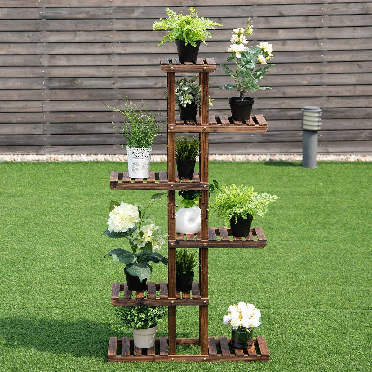 Alt View 4. Costway - 6 Tier 11 Pots Wooden Plant Flower Display Stand Wood Shelf Storage Rack Garden - Brown.