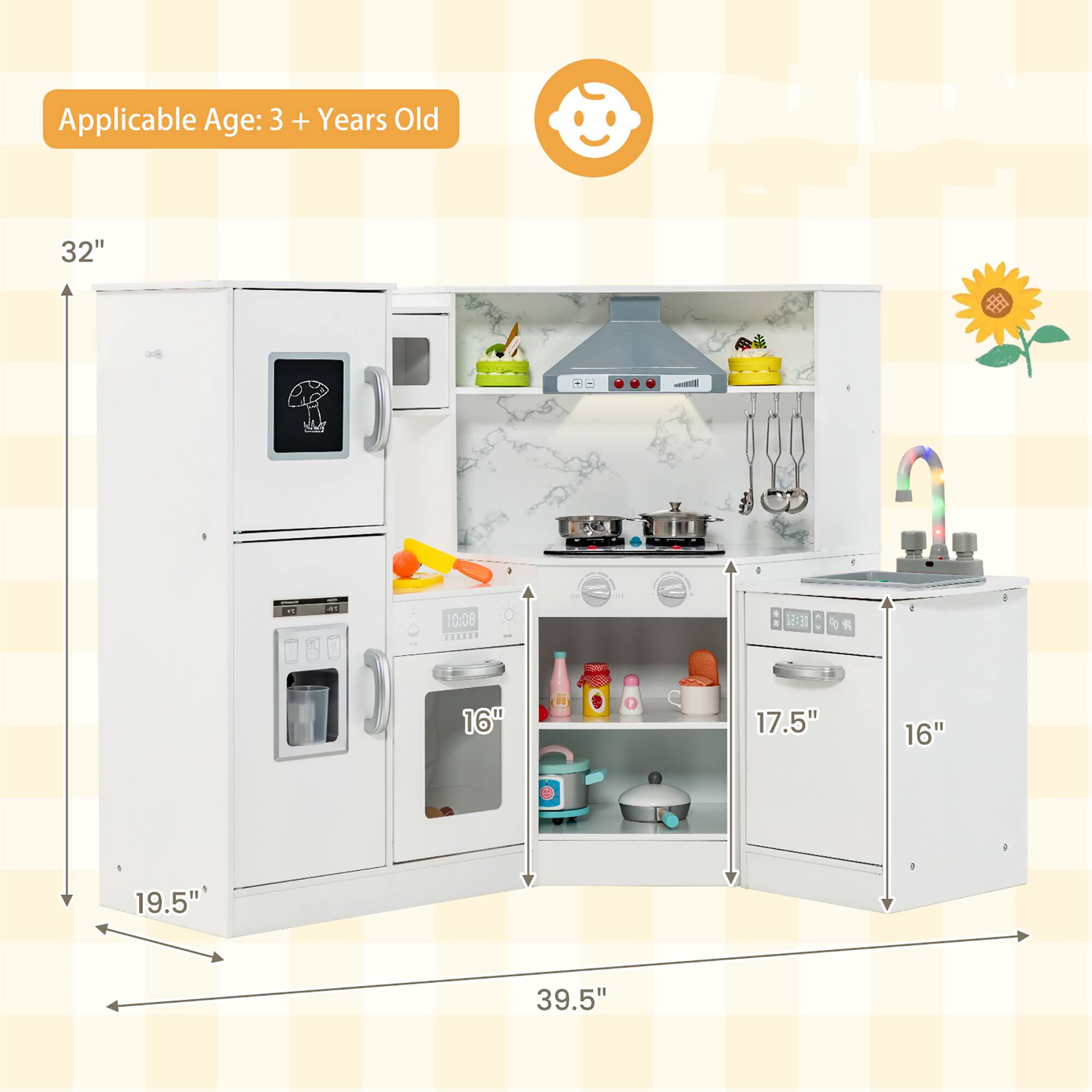Applicable Age: 3 + Years Old

32"  
45  
58  
10:08  
coron  
12:30  
16"  
0  
17.5"  
16"  
19.5"  
39.5"