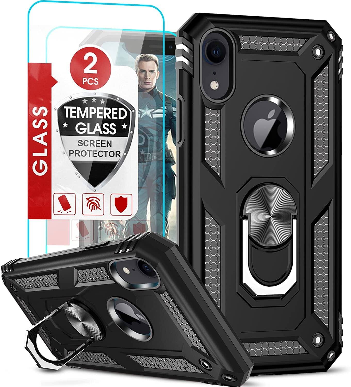 Entronix - Bundle for iPhone XR - Guard Gripstand Case with 2 Clear Screen Protectors - Black