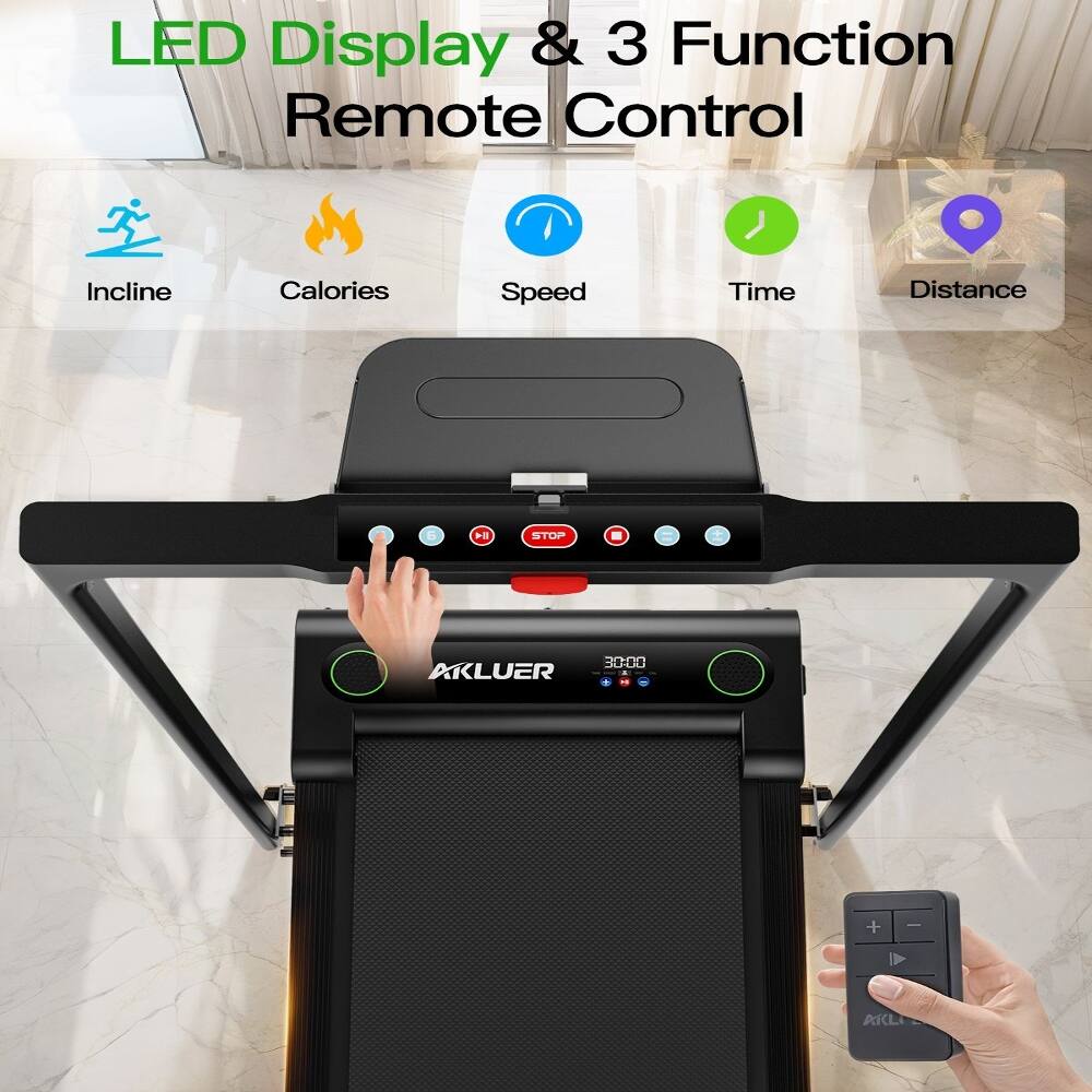 LED Display & 3 Function Remote Control  
Incline Calories Speed Time Distance  
STOP 30:00  
AKLUER