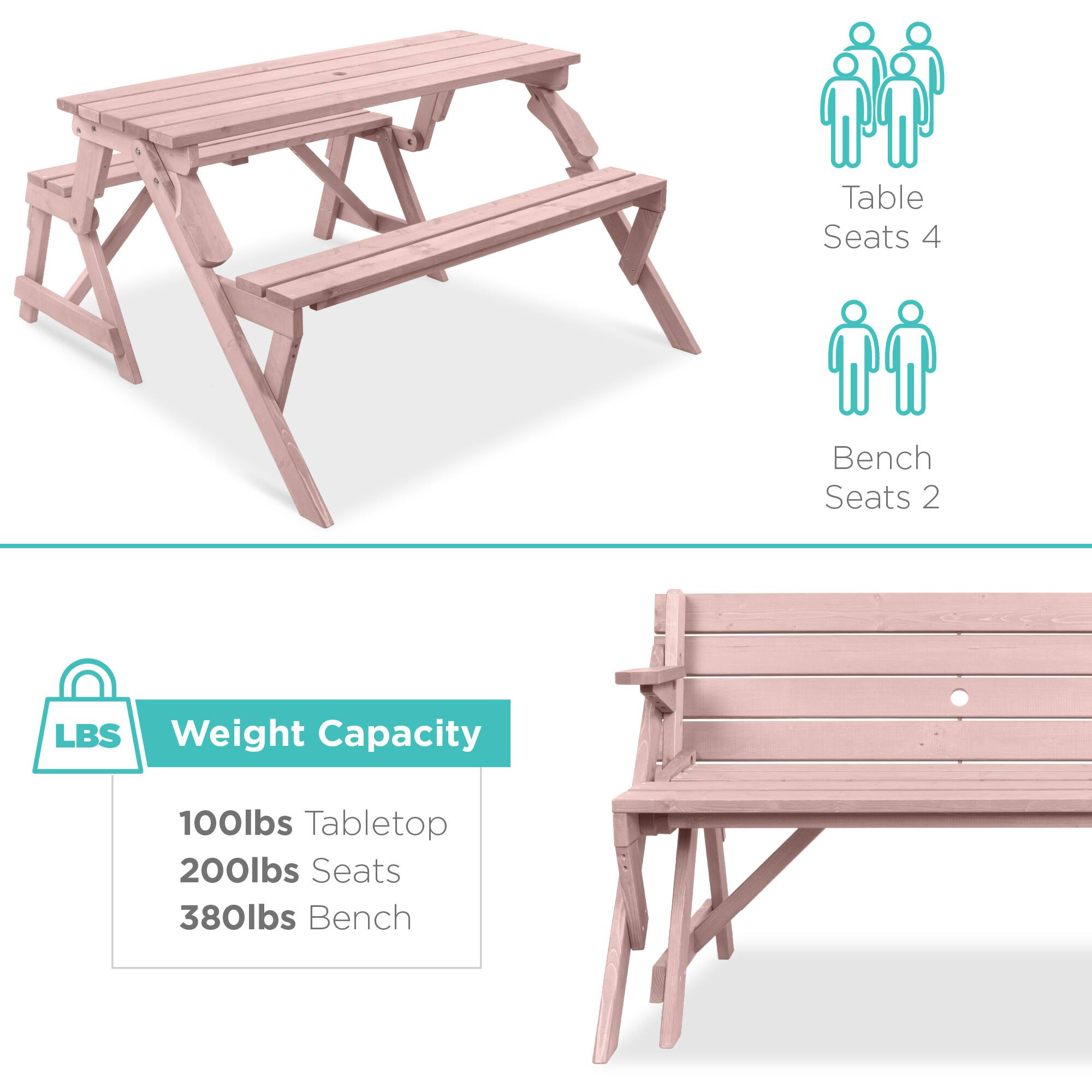Table Seats 4  
Bench Seats 2  

Weight Capacity  
100lbs Tabletop  
200lbs Seats  
380lbs Bench