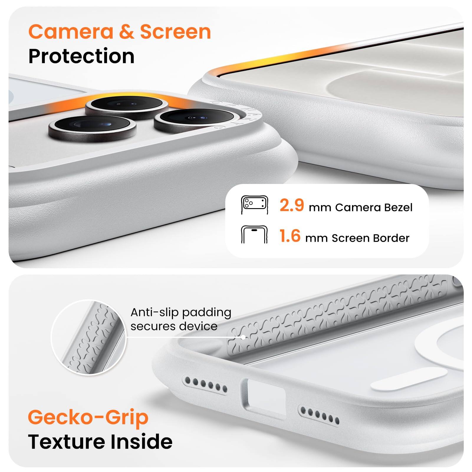 Camera & Screen Protection

2.9 mm Camera Bezel

1.6 mm Screen Border

Anti-slip padding secures device

Gecko-Grip Texture Inside