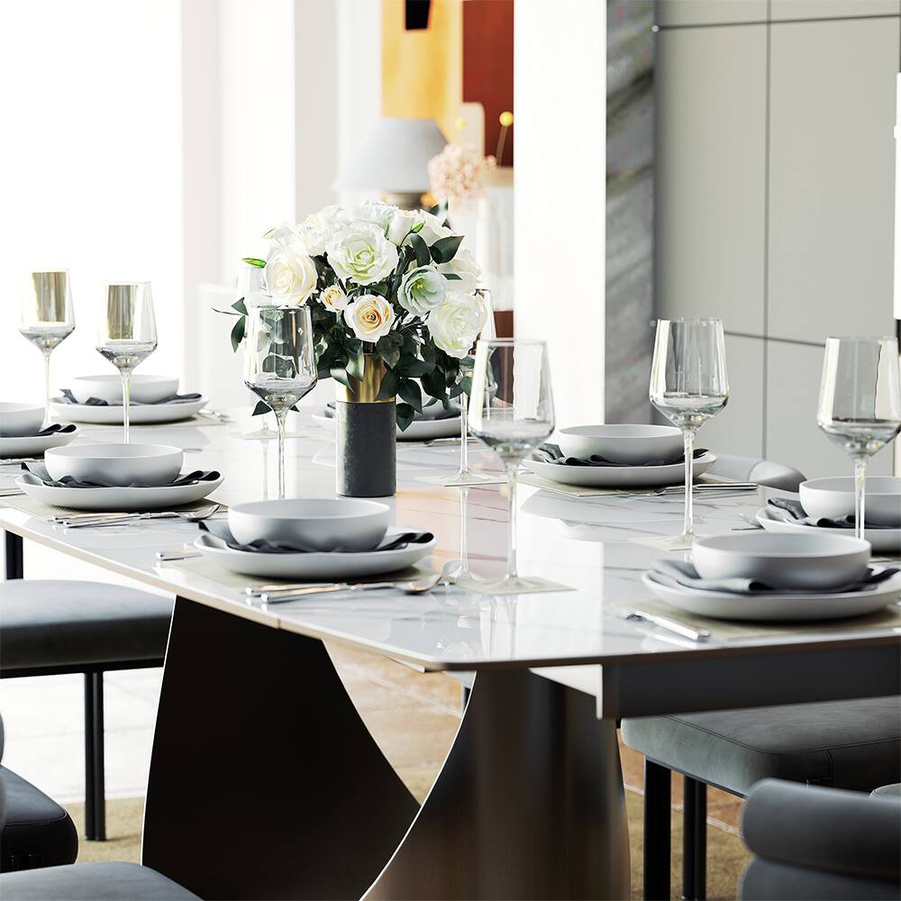 Alt View 4. POVISON - 71"-95"Extendable Modern White Dining Table for 6-10, Rectangular Glossy Sintered Stone Tabletop, Gray Carbon Steel Leg - Glossy White Sintered Stone with Gray.