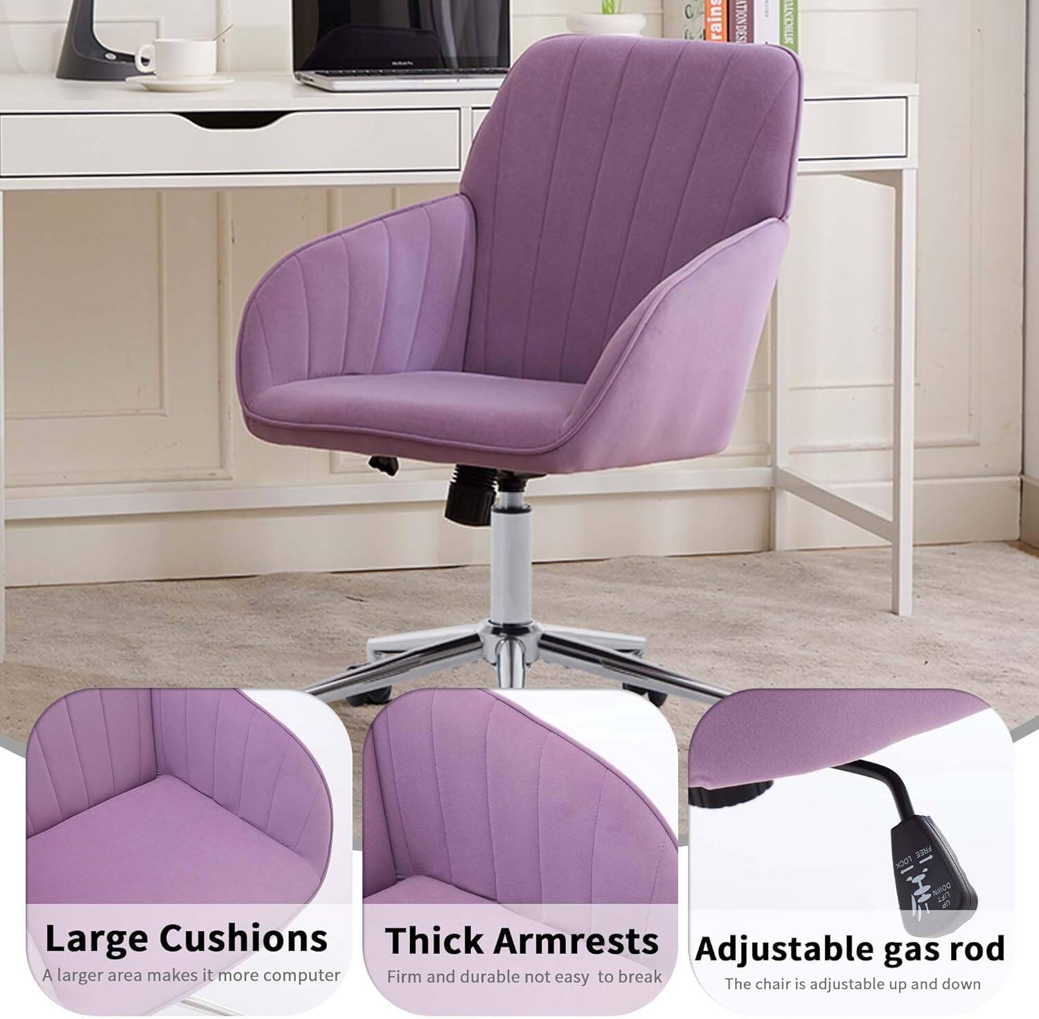 - Large Cushions: A larger area makes it more comfortable.
- Thick Armrests: Firm and durable, not easy to break.
- Adjustable gas rod: The chair is adjustable up and down.