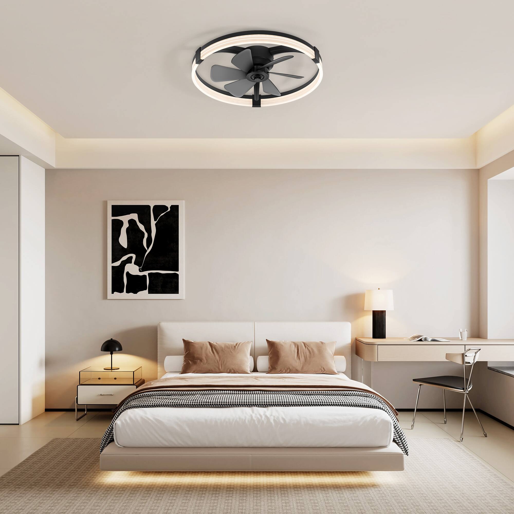 Alt View 1. Breezary - 23-Inch Flush Mount Detachable Enclosed Ceiling Fan - LED Ring Light, Remote, 6 Speeds, Dimmable & Reversible DC Motor - Black and Slate Blue.