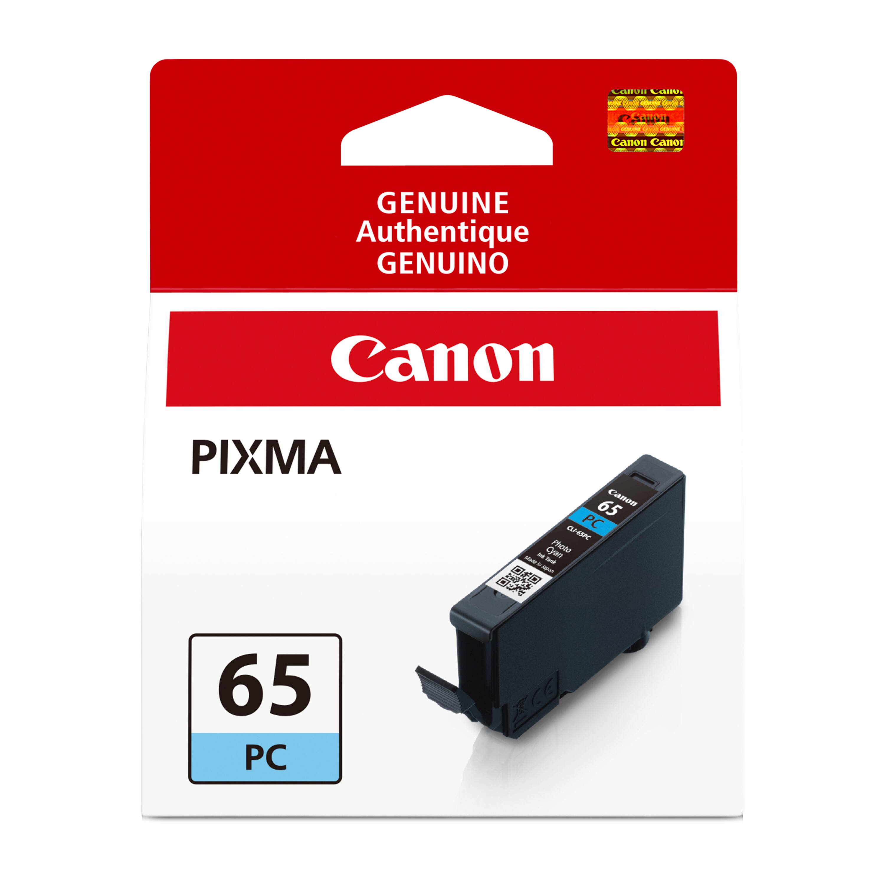 Canon Camo  
ORNE CANGI COMINE CANSE  
octure USER SERVINE  
Canon Canor  
GENUINE Authentique GENUINO  
Canon  
PIXMA  
65 Canon PC CLI-65PC X Cyan Photo KS Tank seguet  
65 PC