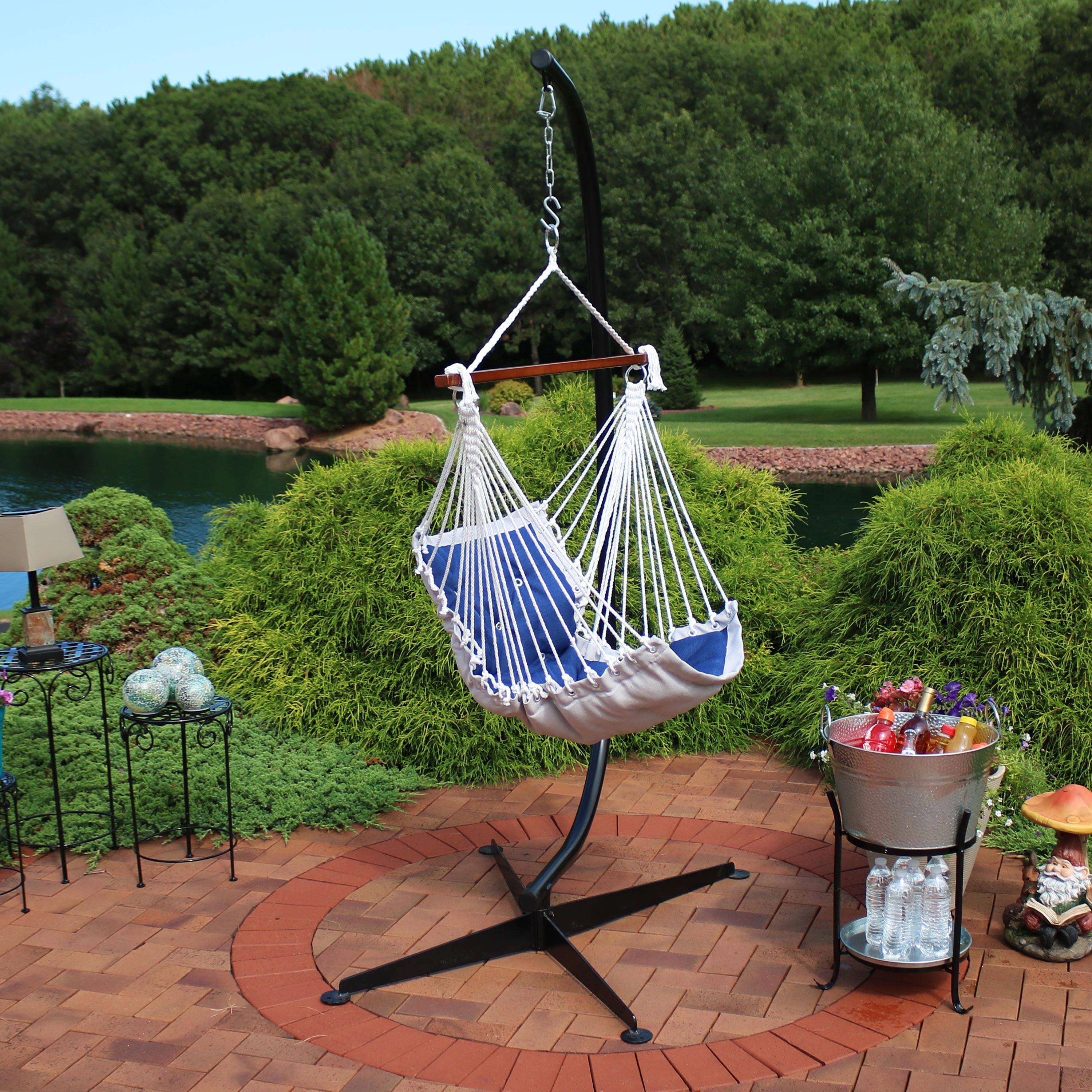 Alt View 3. Sunnydaze - Polyester Victorian Hammock Chair with Steel C-Stand - Navy Blue.