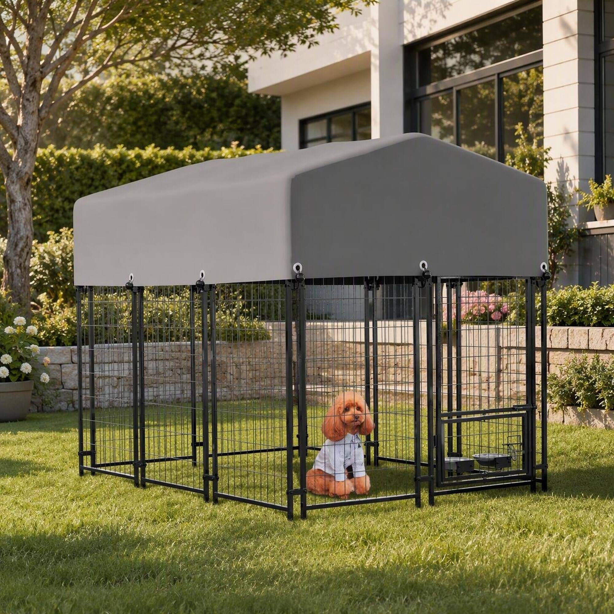 Angle. RYHNUYNE - Outdoor Dog Kennel with Roof, 4.23x5.82x4.83ft Welded Wire Enclosure, Heavy Duty Metal Dog Crate.