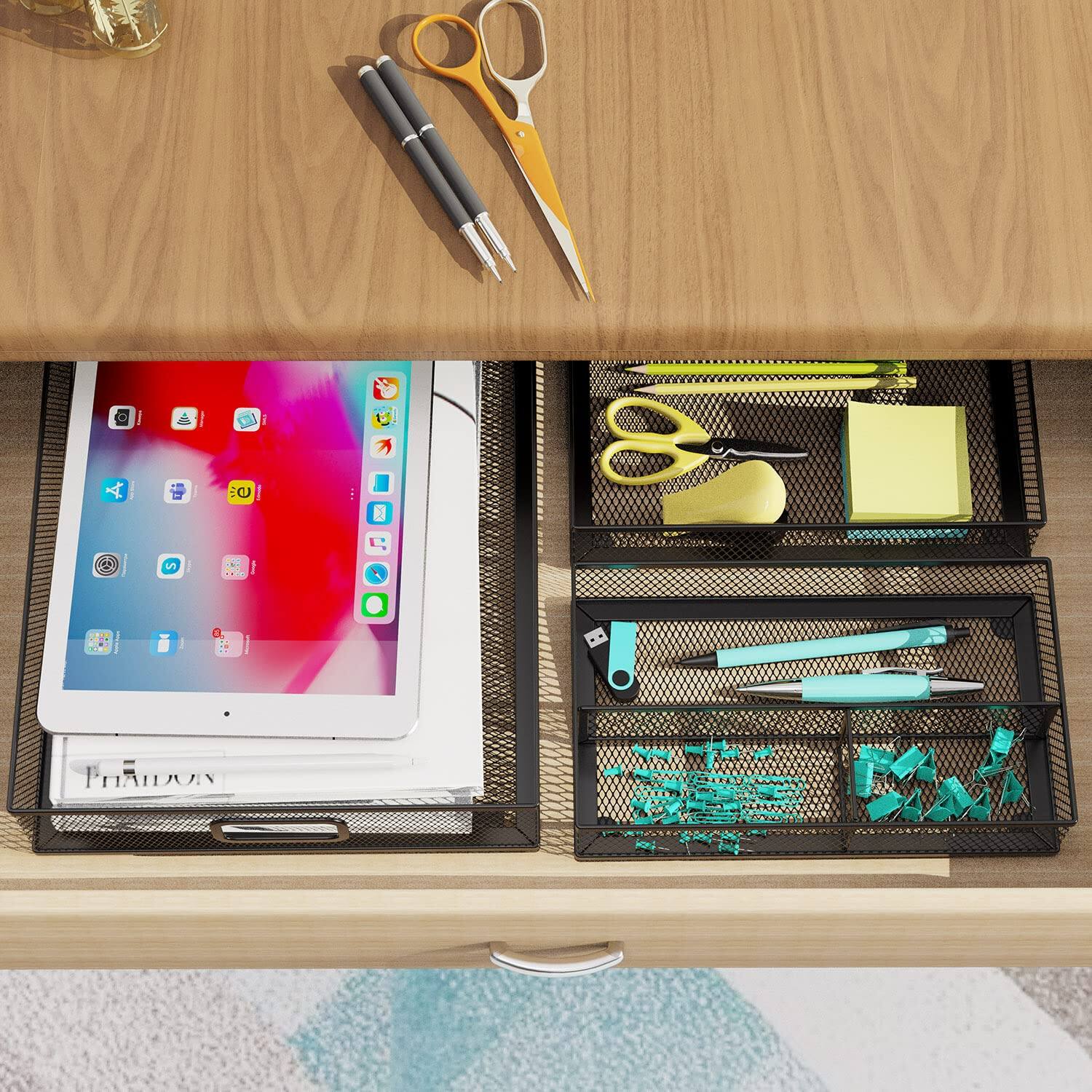 Alt View 6. Paradigms Interiors - Desk Drawer Organizer Set 3 Metal Mesh Paper Tray For Office Organizers Junk Kitchen Makeup Vanity - 3PC-Kit.