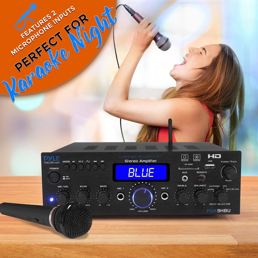**Karaoke Night**

**Features 2 Microphone Inputs**

**PYLE**

**Compact Wireless BT Stereo Amplifier**

**BLUE**

**PyleUSA.com**

**MODE**  
**POWER**  
**MIC/VOL**  
**ECHO**  
**BASS**  
**MIC 1**  
**MIC 2**  
**TREBLE**  
**BALANCE**  
**VOLUME**  
**MIN**  
**MAX**

**INPUT SELECTOR**  
**MIN**  
**MAX**

**VOLUME**

**PDA9HBU**

**HD**

**USB**

**Folder/Track**

**AUX**

**REMOTE**

**Push**

**CD/PHONE**

**MP3/USB/AUX**

**SD/MIC**

**PDA9HBU**