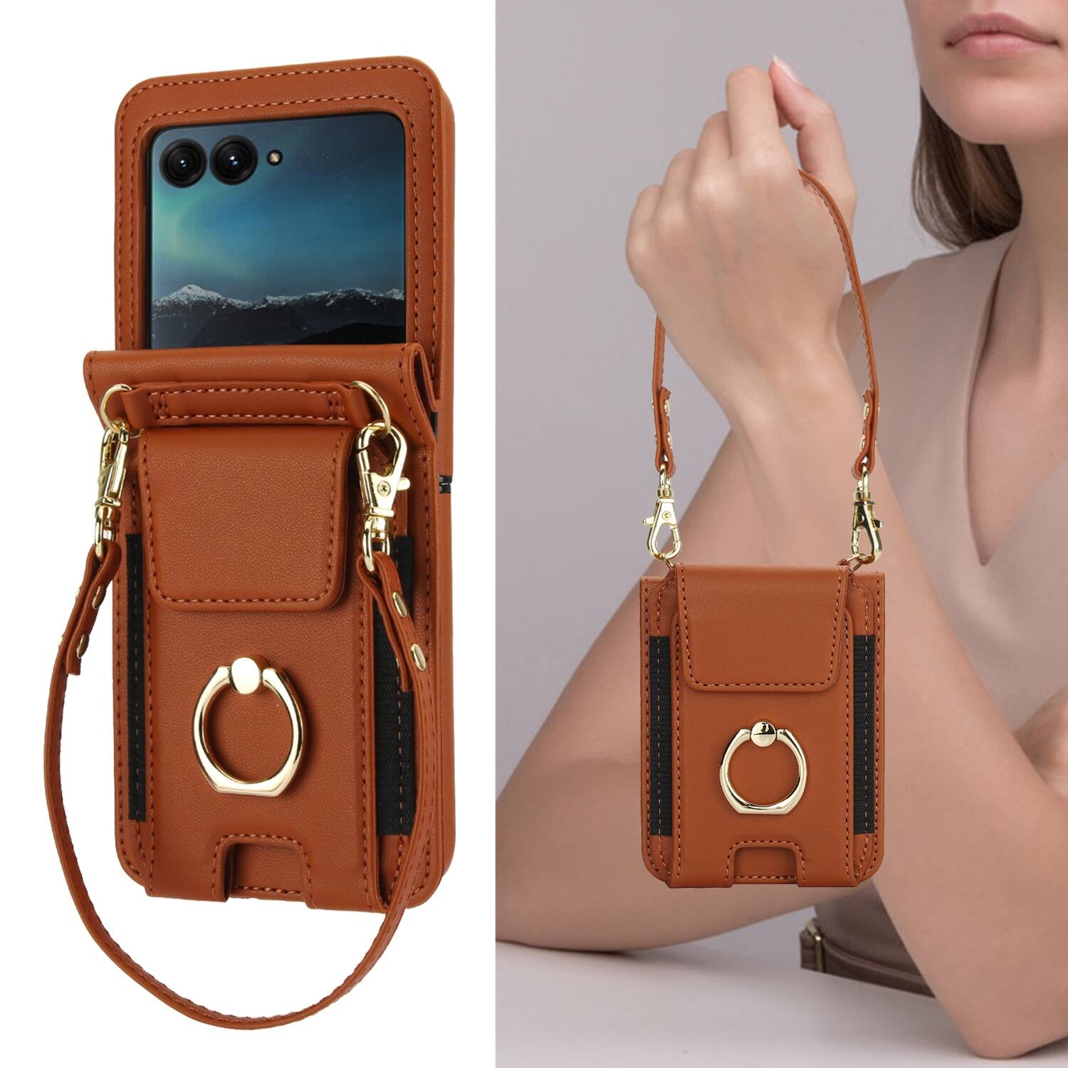 Alt View 4. Dteck - For Samsung Galaxy Z Flip8 Shockproof Leather Ring Kickstand Protective Wallet Case with Shoulder Strap / Lanyard - Brown.