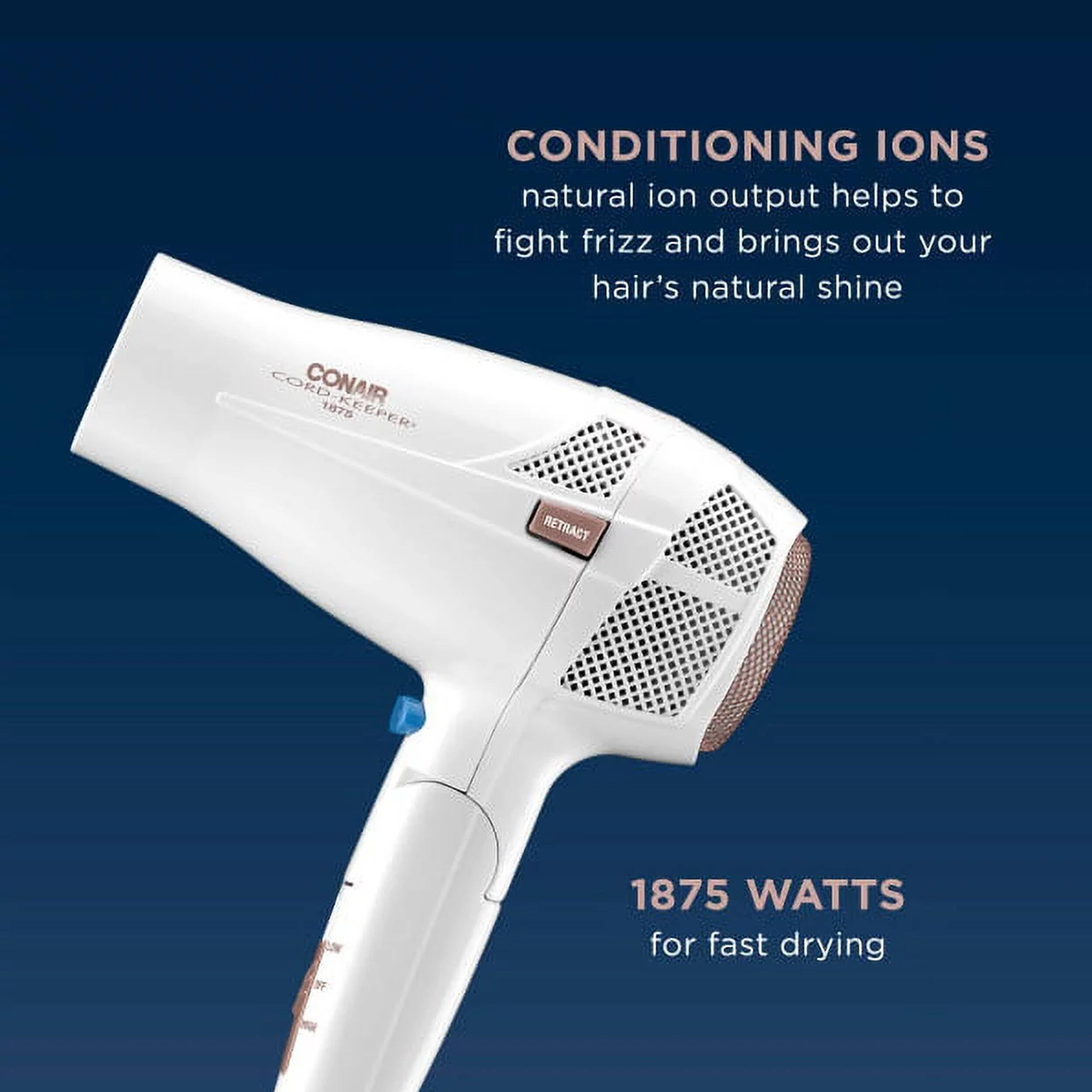 CONAIR CORD-KEEPER RETRACT 1875 WATTS for fast drying
CONDITIONING IONS natural ion output helps to fight frizz and brings out your hair's natural shine