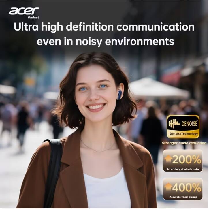 acer Gadget  
Ultra high definition communication even in noisy environments  

HH. DENOISE  
Denoise Technology  
Stronger noise reduction  
200% Accurately eliminate noise  
400% Accurate vocal pickup