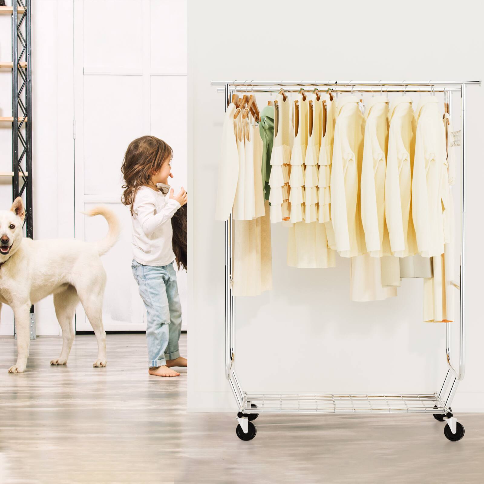 Alt View 7. Topteng - Heavy Duty Rolling Clothes Rack - 660 lbs Capacity, Adjustable Height & Width, 4 Locking Wheels, Chrome Steel for Home - Silver.