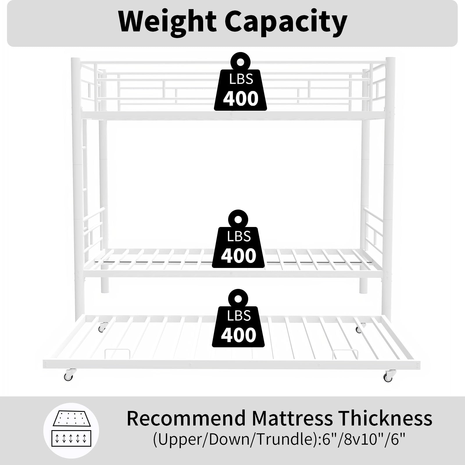 Weight Capacity  
LBS 400  
LBS 400  
LBS 400  

Recommend Mattress Thickness  
(Upper/Down/Trundle): 6"/8v10"/6"