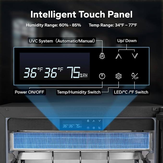 Intelligent Touch Panel

Humidity Range: 60% - 85%  
Temp Range: 34°F - 77°F

UVC System (Automatic/Manual)  
Up/Down

Power ON/OFF  
Temp/Humidity Switch  
LED/°C/°F Switch