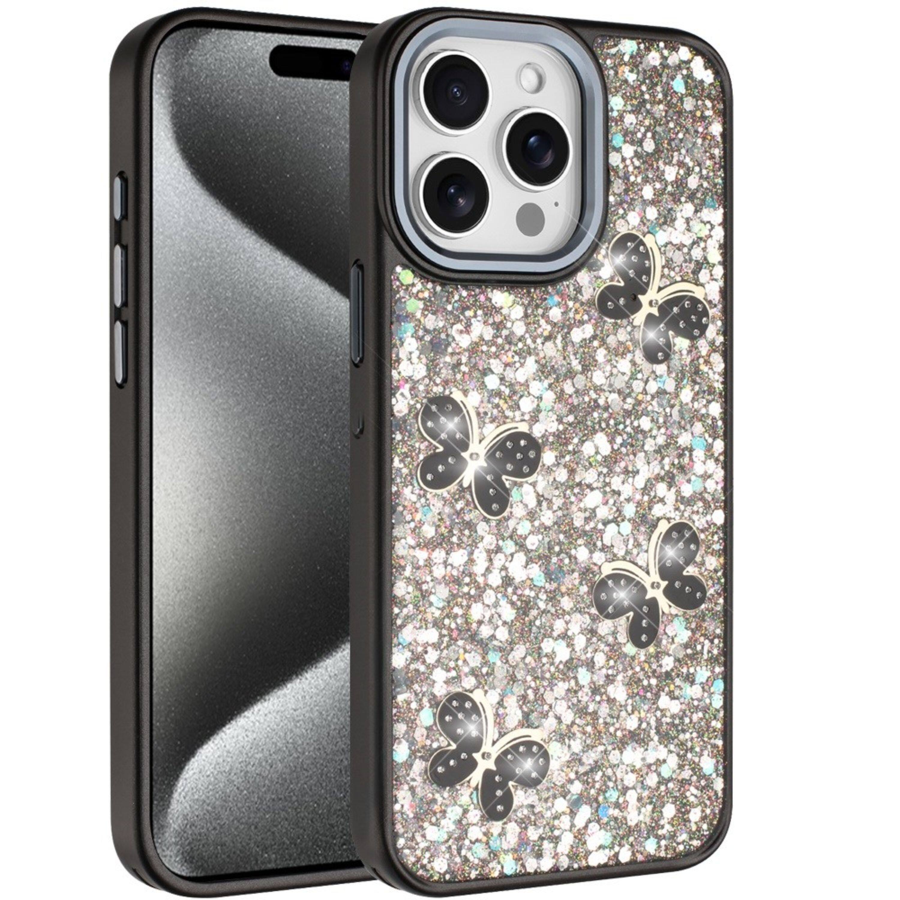 Angle. Kitcheniva - Glitter Butterfly Case With Tempered Glass For iPhone 15 Pro Max Black - Black.